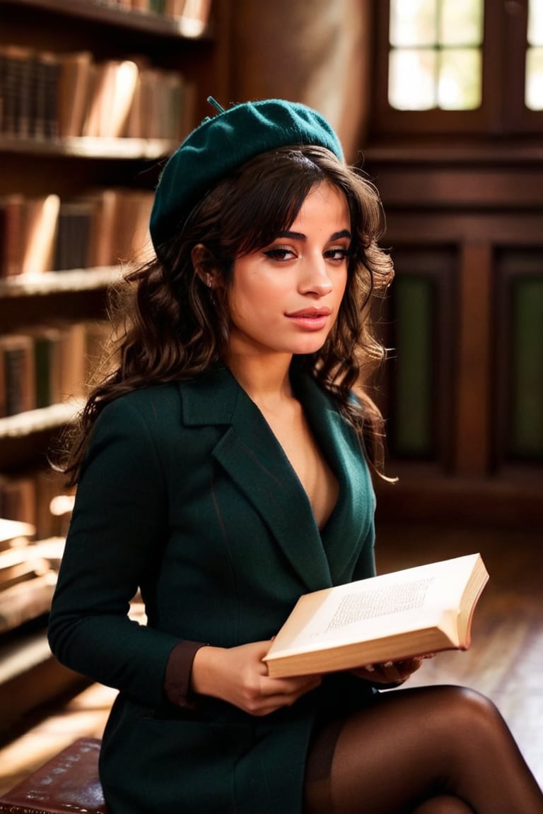 HQ photography, closeup portrait, sharp focus, bokeh background, high contrast, In a serene, cinematic setting, a lovely, young woman, reminiscent of Angeline, sits in an antique university library, looking at the book, Degas-like attention to detail captures every curl and curve of her body. In the background, an antique library full of books and ladders is bathed by the afternoon sun rays, creating a sense of depth and atmosphere. The overall effect is stunning, with cinematic flair, masterpiece, shines brightly on ArtStation, trending for all to admire.,dark academia outfit, brown teal color palette, Rembrandt Lighting Style,darkacademia,photorealistic,tweed blazer, collar shirt, beret,Kodak Motion Picture Film Style,Camila Cabello, ohwx woman,