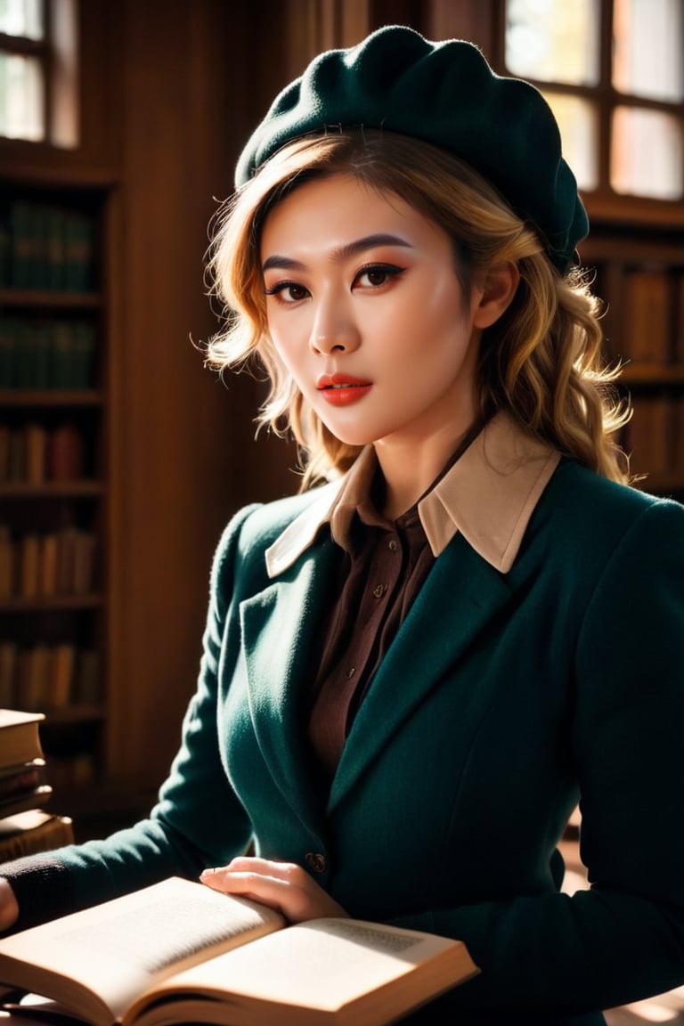 HQ photography, closeup portrait, sharp focus, bokeh background, high contrast, In a serene, cinematic setting, a lovely, young woman, reminiscent of Angeline, sits in an antique university library, looking at the book, Degas-like attention to detail captures every curl and curve of her body. In the background, an antique library full of books and ladders is bathed by the afternoon sun rays, creating a sense of depth and atmosphere. The overall effect is stunning, with cinematic flair, masterpiece, shines brightly on ArtStation, trending for all to admire.,dark academia outfit, brown teal color palette, Rembrandt Lighting Style,darkacademia,photorealistic,tweed blazer, collar shirt, beret,Kodak Motion Picture Film Style, ohwx woman, ohwx,gzl, big eyes