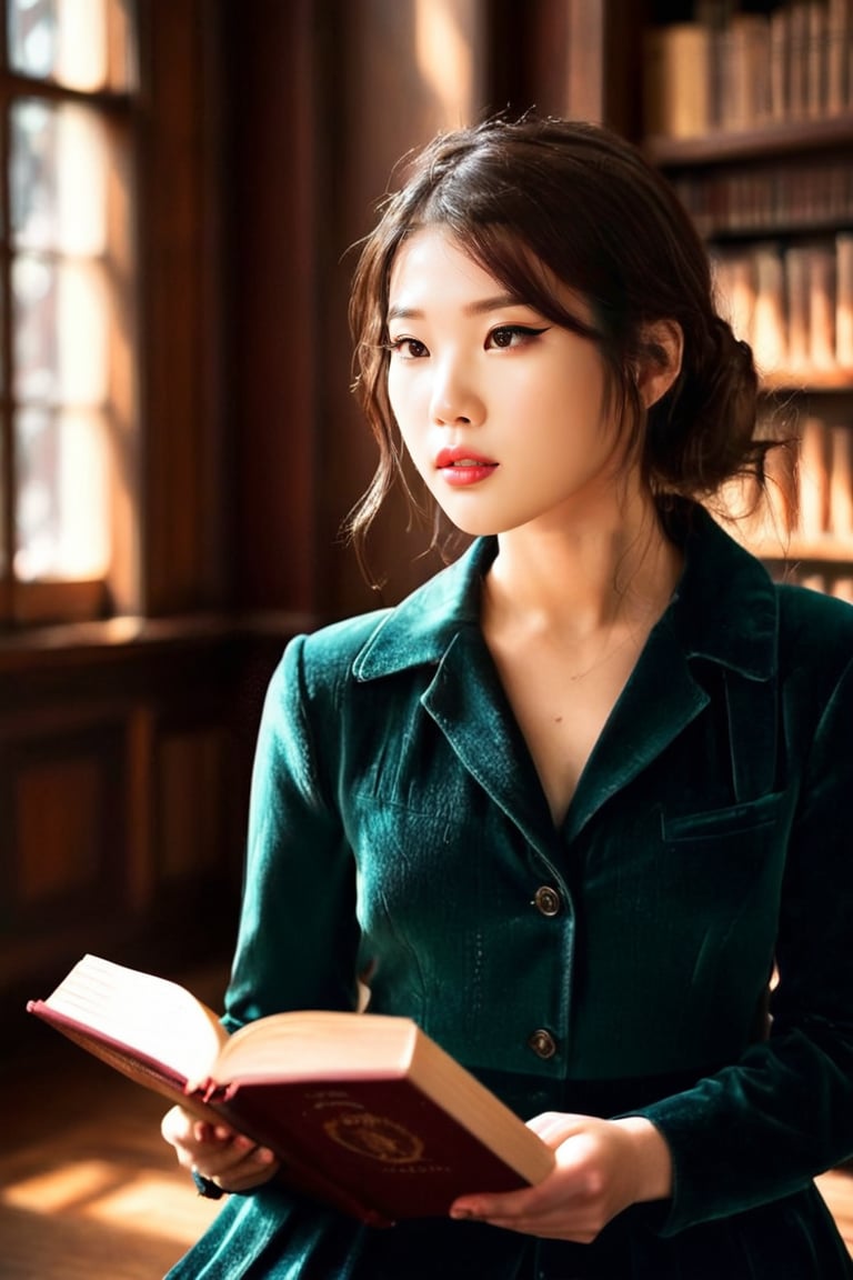 HQ photography, closeup portrait, sharp focus, bokeh background, high contrast, In a serene, cinematic setting, a lovely, young woman, reminiscent of Angeline, sits in an antique university library, looking at the book, Degas-like attention to detail captures every curl and curve of her body. In the background, an antique library full of books and ladders is bathed by the afternoon sun rays, creating a sense of depth and atmosphere. The overall effect is stunning, with cinematic flair, masterpiece, shines brightly on ArtStation, trending for all to admire.,dark academia outfit, brown teal color palette, Rembrandt Lighting Style,darkacademia,photorealistic,tweed blazer, collar shirt, beret,Kodak Motion Picture Film Style, ohwx woman,IU_Lee, ohwx