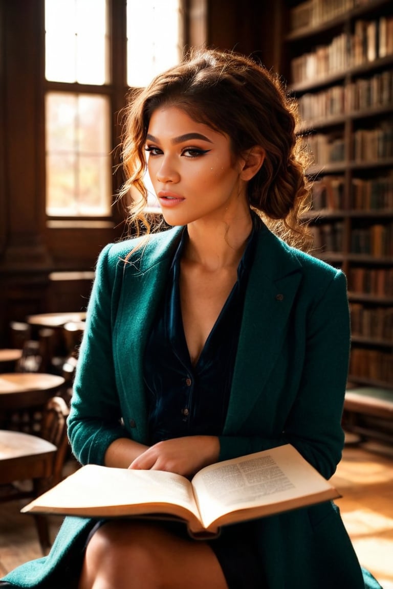 HQ photography, closeup portrait, sharp focus, bokeh background, high contrast, In a serene, cinematic setting, a lovely, young woman, reminiscent of Angeline, sits in an antique university library, looking at the book, Degas-like attention to detail captures every curl and curve of her body. In the background, an antique library full of books and ladders is bathed by the afternoon sun rays, creating a sense of depth and atmosphere. The overall effect is stunning, with cinematic flair, masterpiece, shines brightly on ArtStation, trending for all to admire.,dark academia outfit, brown teal color palette, Rembrandt Lighting Style,darkacademia,photorealistic,tweed blazer, collar shirt, beret,Kodak Motion Picture Film Style, ohwx woman,