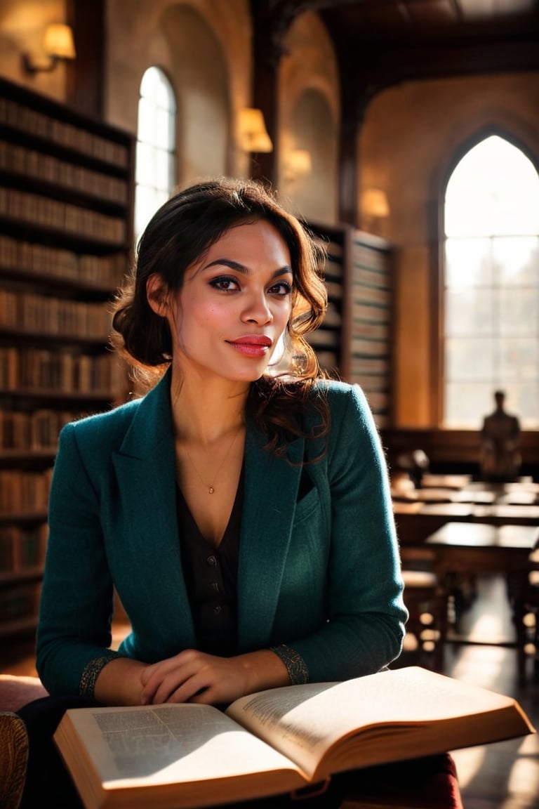 HQ photography, closeup portrait, sharp focus, bokeh background, high contrast, In a serene, cinematic setting, a lovely, young woman, reminiscent of Angeline, sits in an antique university library, looking at the book, Degas-like attention to detail captures every curl and curve of her body. In the background, an antique library full of books and ladders is bathed by the afternoon sun rays, creating a sense of depth and atmosphere. The overall effect is stunning, with cinematic flair, masterpiece, shines brightly on ArtStation, trending for all to admire.,dark academia outfit, brown teal color palette, Rembrandt Lighting Style,darkacademia,photorealistic,tweed blazer, collar shirt, beret,Kodak Motion Picture Film Style, ohwx woman, ohwx, 