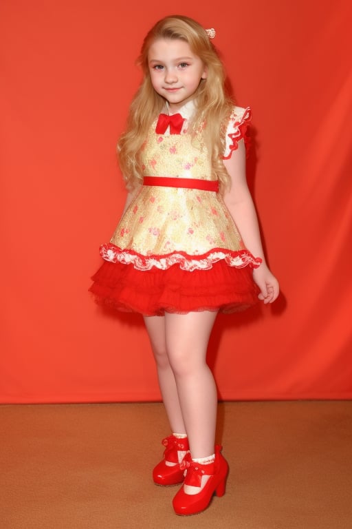 Abigail Breslin 12 years old, full body view beautiful girl, with wavy blonde hair, in a fluffy mini dress, with ruffles, red shoes, flirtatious look ,Abigail Breslin