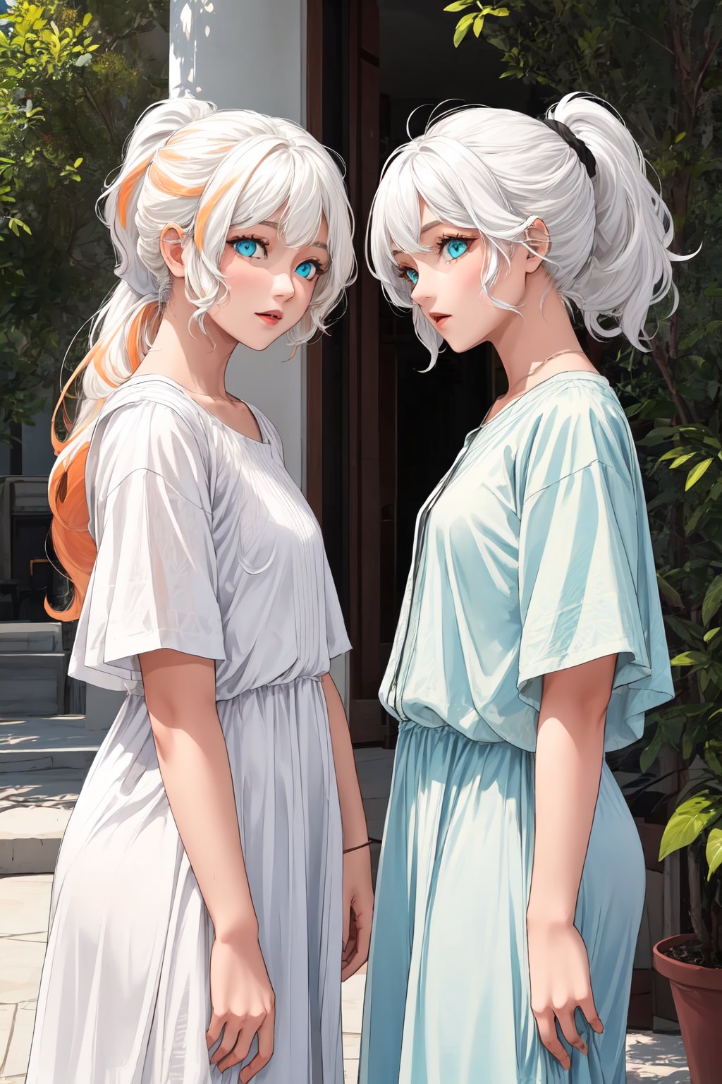 (2girls, white hair, light orange hair, light blue eyes, green eyes, long hair, ponytail)