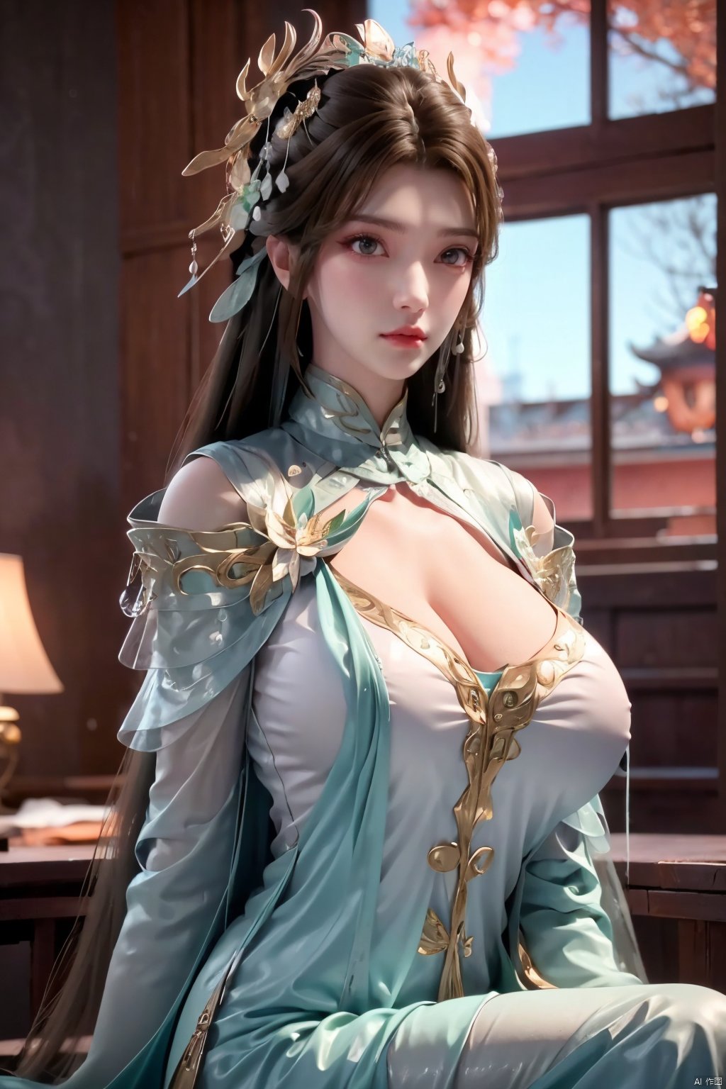 1girl, solo, long hair, black hair, hair ornament, long sleeves, dress, sitting, indoors, blue sky, window,Xxiyouqin,(big breasts:1.23),Xliushen,Xyunxi,Xhuolinger,Xyupopo,Xtianxiwei