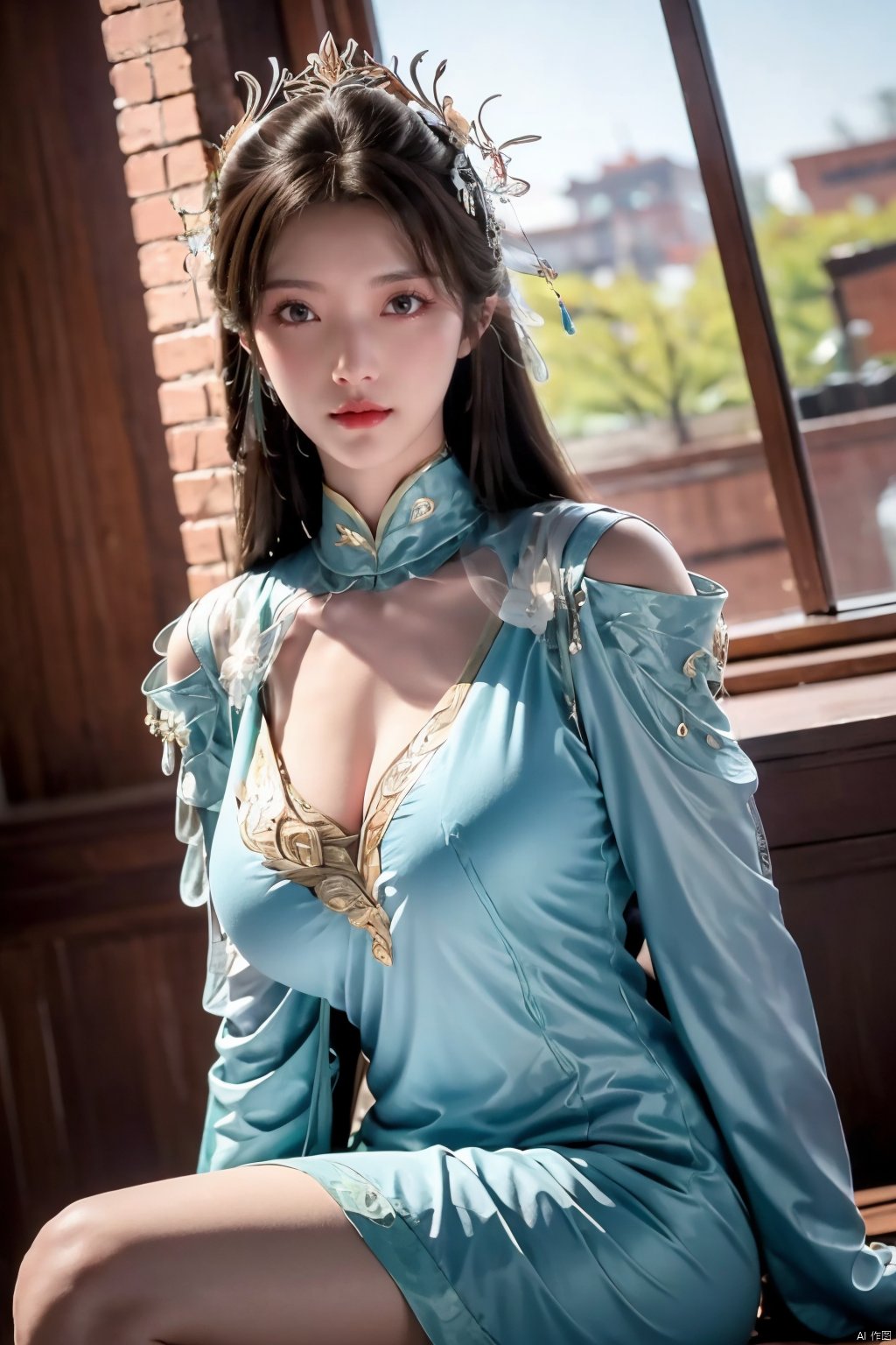 1girl, solo, long hair, black hair, hair ornament, long sleeves, dress, sitting, indoors, blue sky, window,Xxiyouqin,(big breasts:1.23),Xliushen,Xyunxi,Xhuolinger,Xyupopo,Xtianxiwei,depth of field