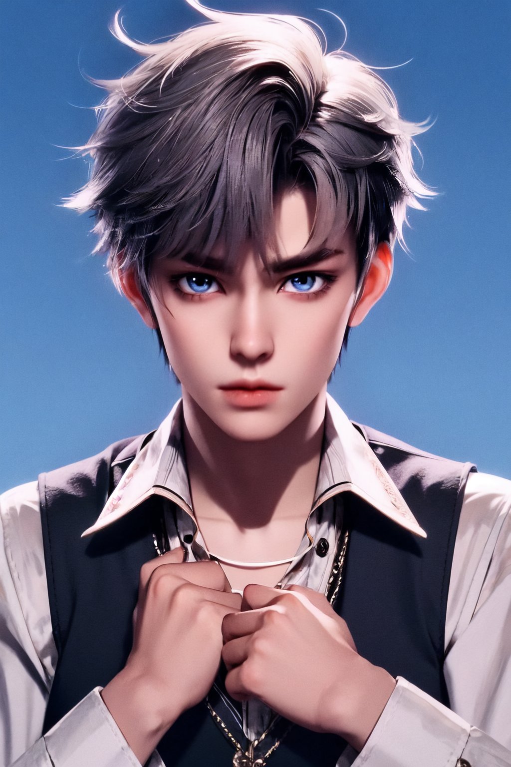  1boy ,short hair, black hair, gray hair, huoyuhao, vest, shirt, necklace, long sleeves, leash, blue eyes  Fill in as needed