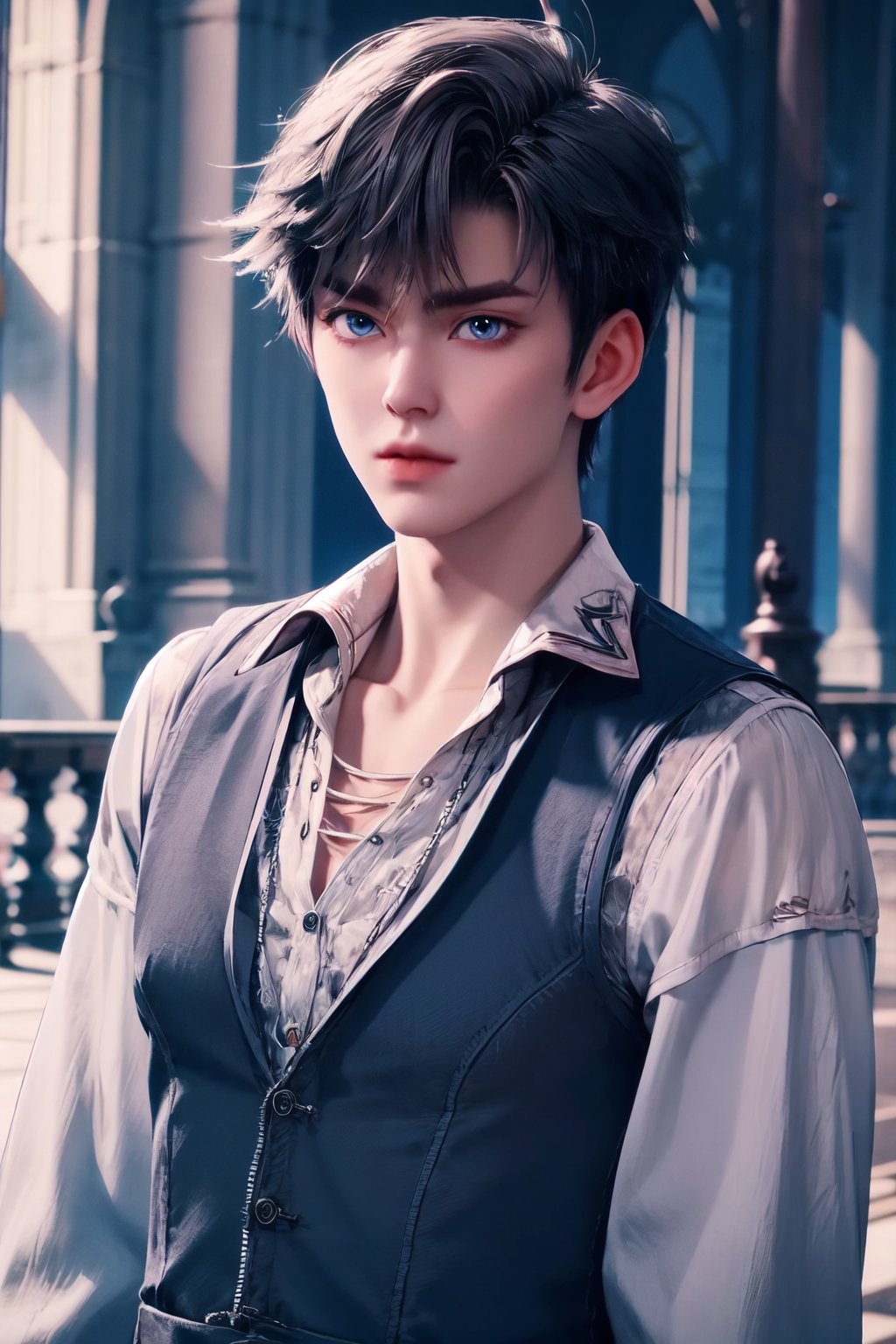  1boy ,short hair, black hair, gray hair, huoyuhao, vest, shirt, necklace, long sleeves, leash, blue eyes  Fill in as needed