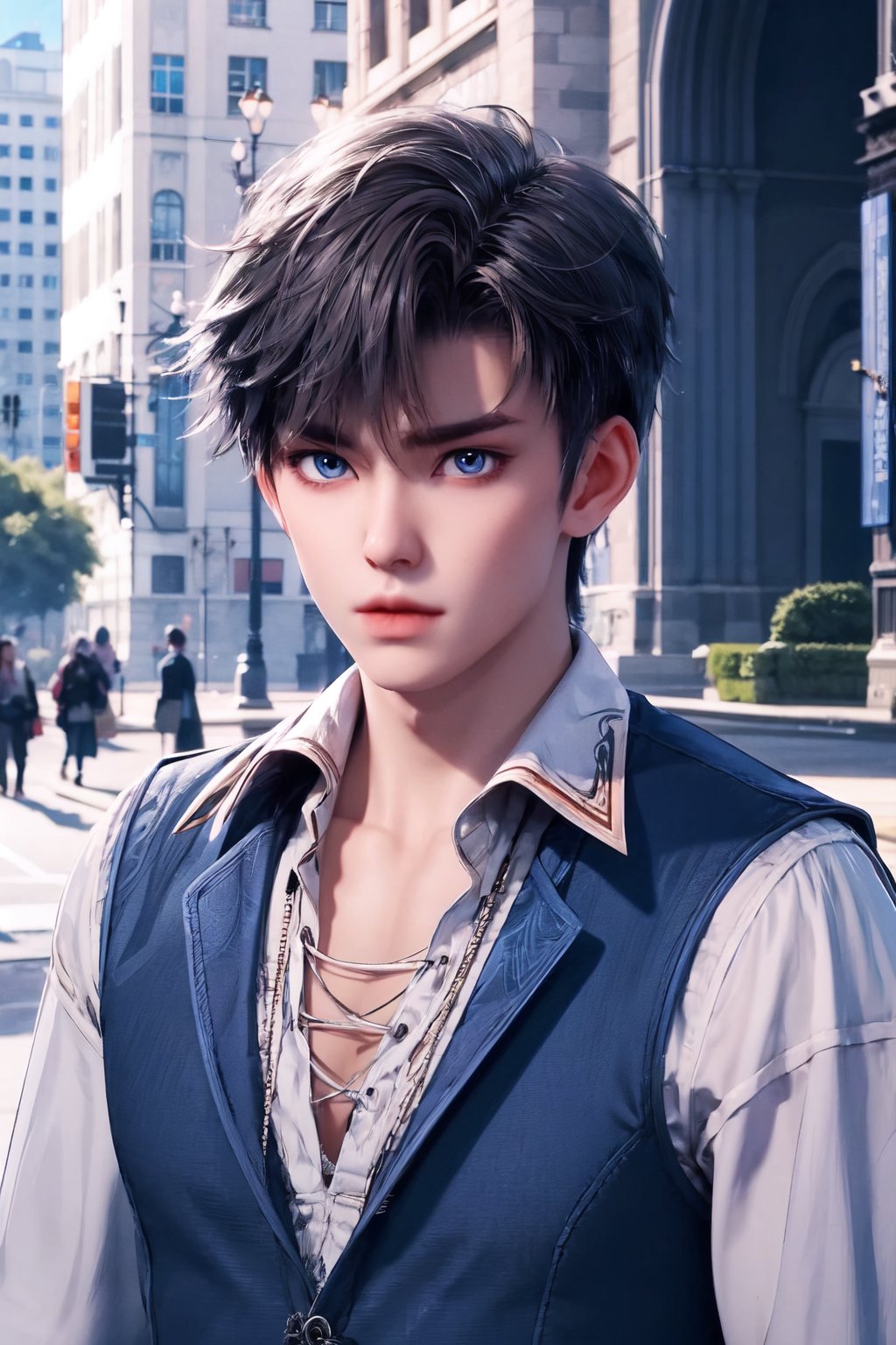  1boy ,short hair, black hair, gray hair, huoyuhao, vest, shirt, necklace, long sleeves, leash, blue eyes  Fill in as needed