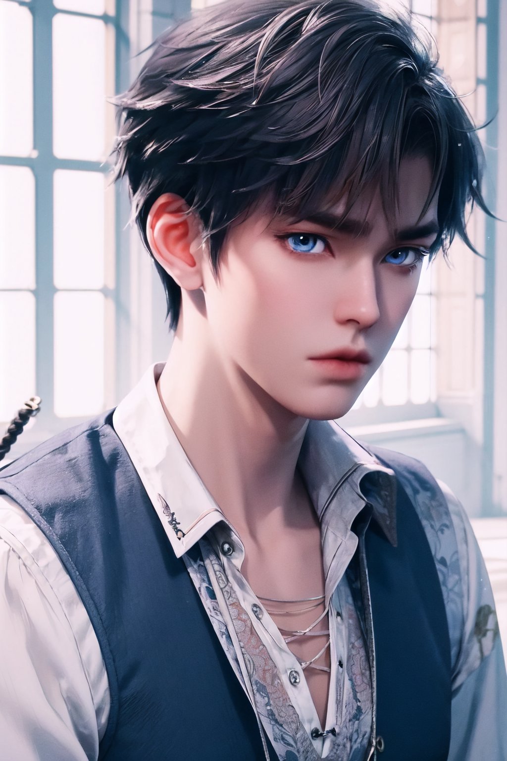  1boy ,short hair, black hair, gray hair, huoyuhao, vest, shirt, necklace, long sleeves, leash, blue eyes  Fill in as needed