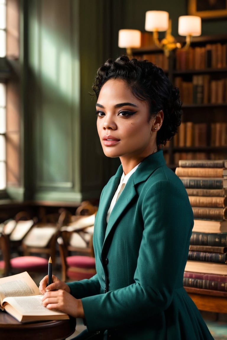 HQ photography, closeup portrait, sharp focus, bokeh background, high contrast, In a serene, cinematic setting, a lovely, young woman, reminiscent of Angeline, sits in an antique university library, looking at the book, Degas-like attention to detail captures every curl and curve of her body. In the background, an antique library full of books and ladders is bathed by the afternoon sun rays, creating a sense of depth and atmosphere. The overall effect is stunning, with cinematic flair, masterpiece, shines brightly on ArtStation, trending for all to admire.,dark academia outfit, brown teal color palette, Rembrandt Lighting Style,darkacademia,photorealistic,tweed blazer, collar shirt, beret,Kodak Motion Picture Film Style, ohwx woman, ohwx, ,Tessa Thompson