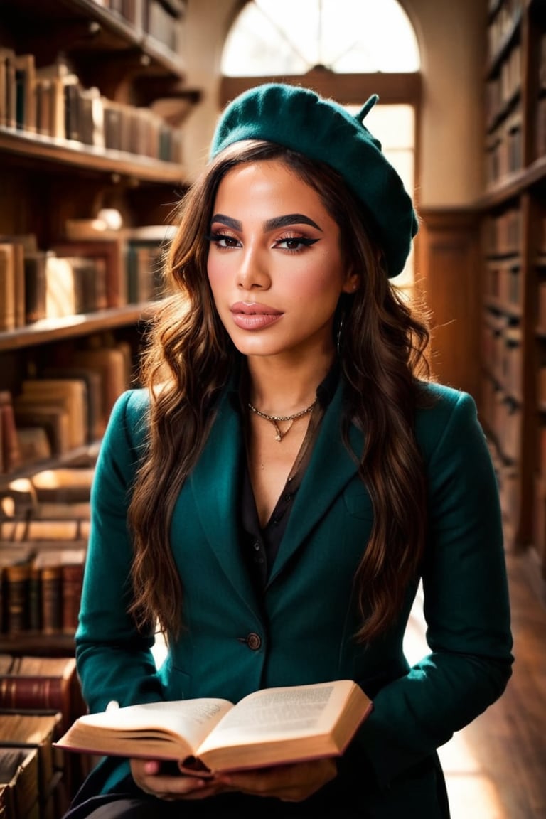 HQ photography, closeup portrait, sharp focus, bokeh background, high contrast, In a serene, cinematic setting, a lovely, young woman, reminiscent of Angeline, sits in an antique university library, looking at the book, Degas-like attention to detail captures every curl and curve of her body. In the background, an antique library full of books and ladders is bathed by the afternoon sun rays, creating a sense of depth and atmosphere. The overall effect is stunning, with cinematic flair, masterpiece, shines brightly on ArtStation, trending for all to admire.,dark academia outfit, brown teal color palette, Rembrandt Lighting Style,darkacademia,photorealistic,tweed blazer, collar shirt, beret,Kodak Motion Picture Film Style, ohwx woman, ohwx, ,l4r1554n1tt4