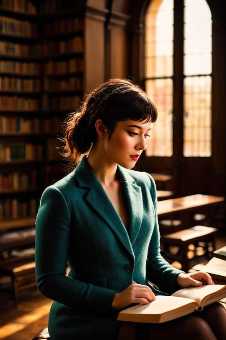 HQ photography, closeup portrait, sharp focus, bokeh background, high contrast, In a serene, cinematic setting, a lovely, young woman, reminiscent of Angeline, sits in an antique university library, looking at the book, Degas-like attention to detail captures every curl and curve of her body. In the background, an antique library full of books and ladders is bathed by the afternoon sun rays, creating a sense of depth and atmosphere. The overall effect is stunning, with cinematic flair, masterpiece, shines brightly on ArtStation, trending for all to admire.,dark academia outfit, brown teal color palette, Rembrandt Lighting Style,darkacademia,photorealistic,tweed blazer, collar shirt, beret,Kodak Motion Picture Film Style, ohwx woman, ohwx, ,maryElizabethXL, Mary Elizabeth Winstead 