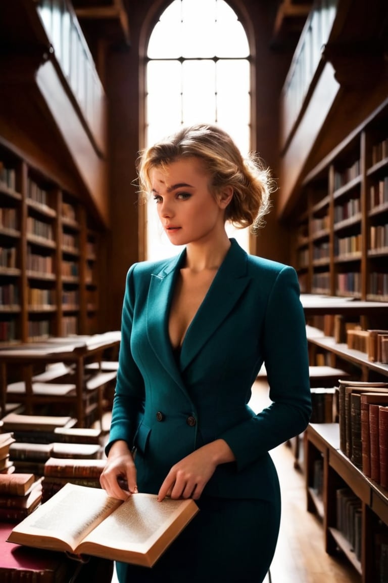 HQ photography, closeup portrait, sharp focus, bokeh background, high contrast, In a serene, cinematic setting, a lovely, young woman, reminiscent of Angeline, sits in an antique university library, looking at the book, Degas-like attention to detail captures every curl and curve of her body. In the background, an antique library full of books and ladders is bathed by the afternoon sun rays, creating a sense of depth and atmosphere. The overall effect is stunning, with cinematic flair, masterpiece, shines brightly on ArtStation, trending for all to admire.,dark academia outfit, brown teal color palette, Rembrandt Lighting Style,darkacademia,photorealistic,tweed blazer, collar shirt, beret,Kodak Motion Picture Film Style, ohwx woman, ohwx, ,ShauniMC woman, Shauni McClain, blonde,