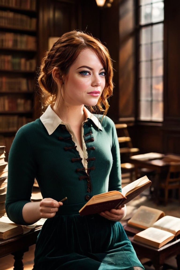 HQ photography, closeup portrait, sharp focus, bokeh background, high contrast, In a serene, cinematic setting, a lovely, young woman, reminiscent of Angeline, sits in an antique university library, looking at the book, Degas-like attention to detail captures every curl and curve of her body. In the background, an antique library full of books and ladders is bathed by the afternoon sun rays, creating a sense of depth and atmosphere. The overall effect is stunning, with cinematic flair, masterpiece, shines brightly on ArtStation, trending for all to admire.,dark academia outfit, brown teal color palette, Rembrandt Lighting Style,darkacademia,photorealistic,tweed blazer, collar shirt, beret,Kodak Motion Picture Film Style, ohwx woman, ohwx, ,Emma Stone