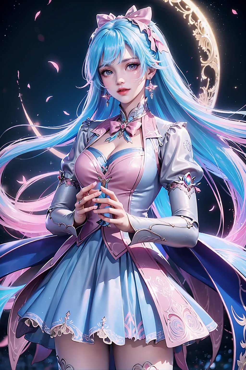 1girl, solo, long hair, looking at viewer, skirt, hair ornament, long sleeves, dress, bow, holding, jewelry, blue hair, jacket, pink hair, flower, multicolored hair, cowboy shot, earrings, sky, bowtie, gradient hair, night, moon, white skirt, pink bow, blue jacket, night sky