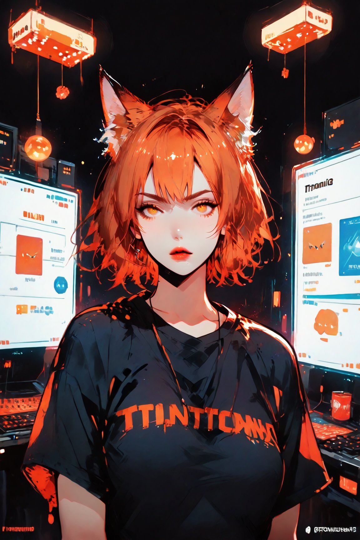 Prompt: score_9, score_8_up, score_7_up, score_6_up, 1girl, curvy, t-shirt, 1ly4, ginger hair, fox ears,
