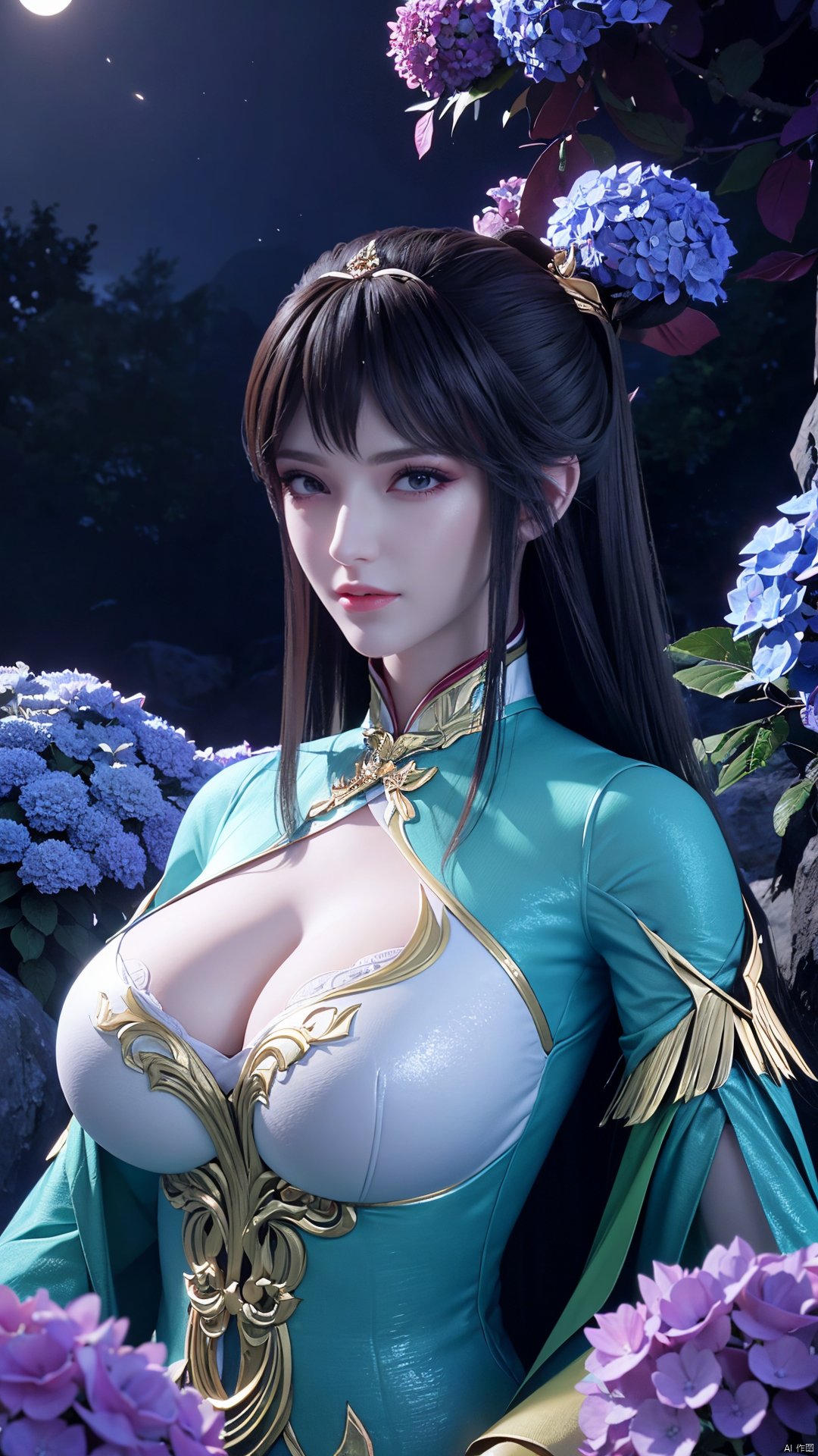 masterpiece,best quality,official art,extremely detailed CG unity 8k wallpaper,1girl, upper body, purple hair, light rays, light particles, waterfall, tree, clover,,(big breasts:1.39),  ,Xfengqinger,Xxiyouqin,Xliushen,X-Hydrangea,Hydrangea,full moon