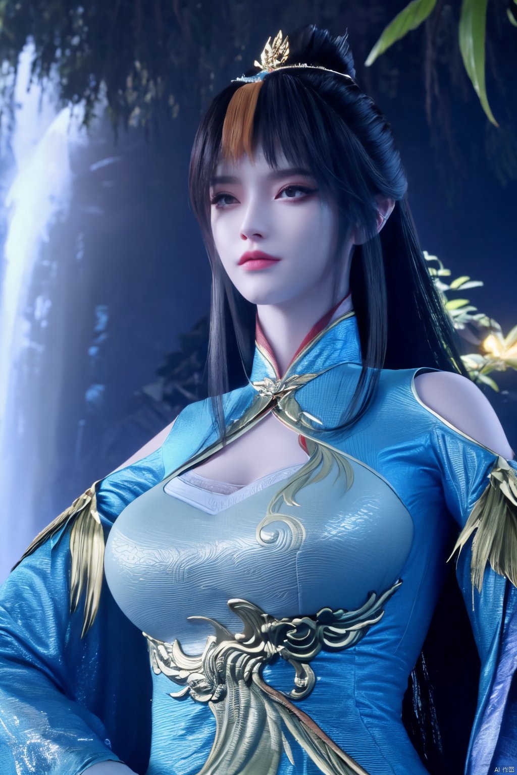 masterpiece,best quality,official art,extremely detailed CG unity 8k wallpaper,1girl, upper body, purple hair, light rays, light particles, waterfall, tree, clover,Xfengqinger,(big breasts:1.59),Xxiyouqin,ziling_xianzi,Xliushen, Yunxiao_Fairy,depth of field