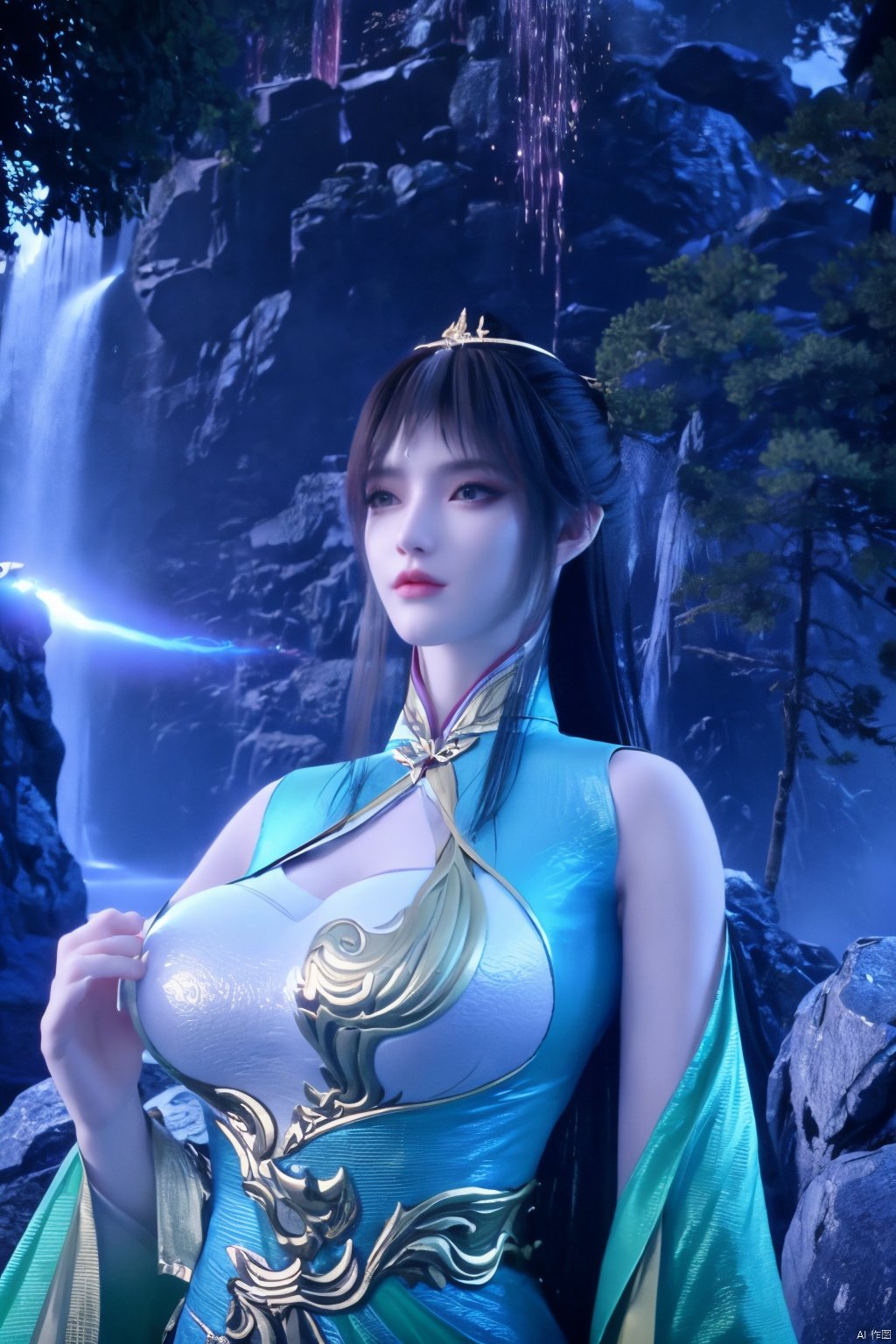 masterpiece,best quality,official art,extremely detailed CG unity 8k wallpaper,1girl, upper body, purple hair, light rays, light particles, waterfall, tree, clover,Xfengqinger,(big breasts:1.59),Xxiyouqin,ziling_xianzi,Xliushen, Yunxiao_Fairy