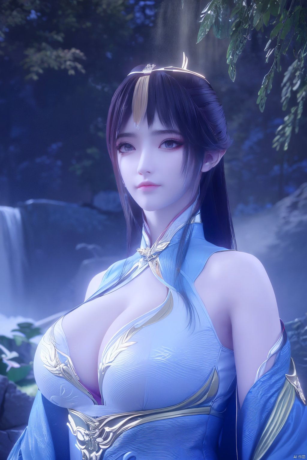 masterpiece,best quality,official art,extremely detailed CG unity 8k wallpaper,1girl, upper body, purple hair, light rays, light particles, waterfall, tree, clover,Xfengqinger,(big breasts:1.59),Xxiyouqin,ziling_xianzi,Xliushen, Yunxiao_Fairy