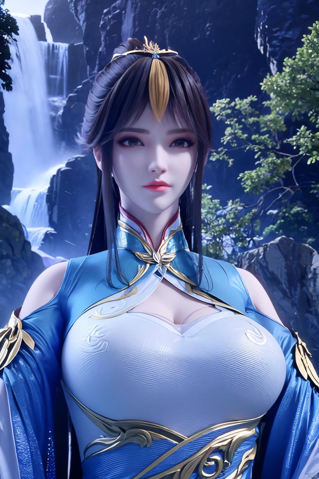 masterpiece,best quality,official art,extremely detailed CG unity 8k wallpaper,1girl, upper body, purple hair, light rays, light particles, waterfall, tree, clover,Xfengqinger,(big breasts:1.59),Xxiyouqin,ziling_xianzi,Xliushen, Yunxiao_Fairy