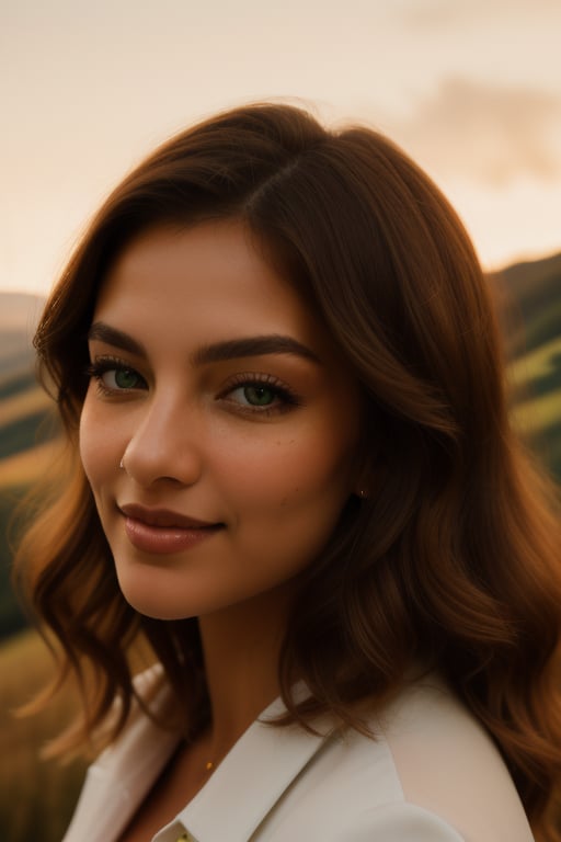 Frontal view: A stunning Scottish woman stands majestically against a backdrop of rolling green hills, her fiery locks blowing gently in the breeze as she gazes out at the picturesque landscape. Soft morning light casts a warm glow on her porcelain skin, highlighting the delicate features. (((highly detailed brown eyes:1.1))), (very natural skin:1.2), (((photorealism:1.4))), dreamy smile