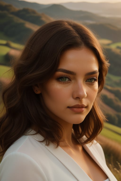 Frontal view: A stunning Scottish woman stands majestically against a backdrop of rolling green hills, her fiery locks blowing gently in the breeze as she gazes out at the picturesque landscape. Soft morning light casts a warm glow on her porcelain skin, highlighting the delicate features. (((highly detailed brown eyes:1.1))), (very natural skin:1.2), (((photorealism:1.4)))