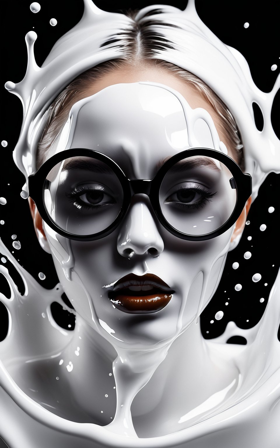 (best quality, 4K, 8K, high-resolution, masterpiece, ultra-detailed, photorealistic), a [woman] with a black face wearing large round [white] glasses, [white] liquid splashing all around, the liquid appears to be thick and glossy, surreal and abstract design, vibrant and bright [white] dominating the image, high contrast between the black face and [white] liquid, the liquid looks like it's melting or dripping off the glasses and face, intense and dynamic visual composition, modern and futuristic art style, dramatic lighting, bold and striking visual elements.