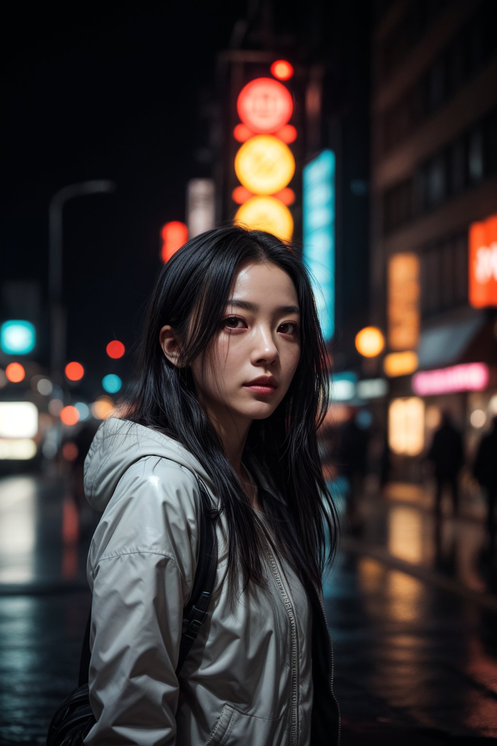 sdmai, wuye, Midnight, blurred figures, neon lights, , 1girl, rain, solo, black hair, cyberpunk, blurry, lips, english text, parted lips, reflection
 