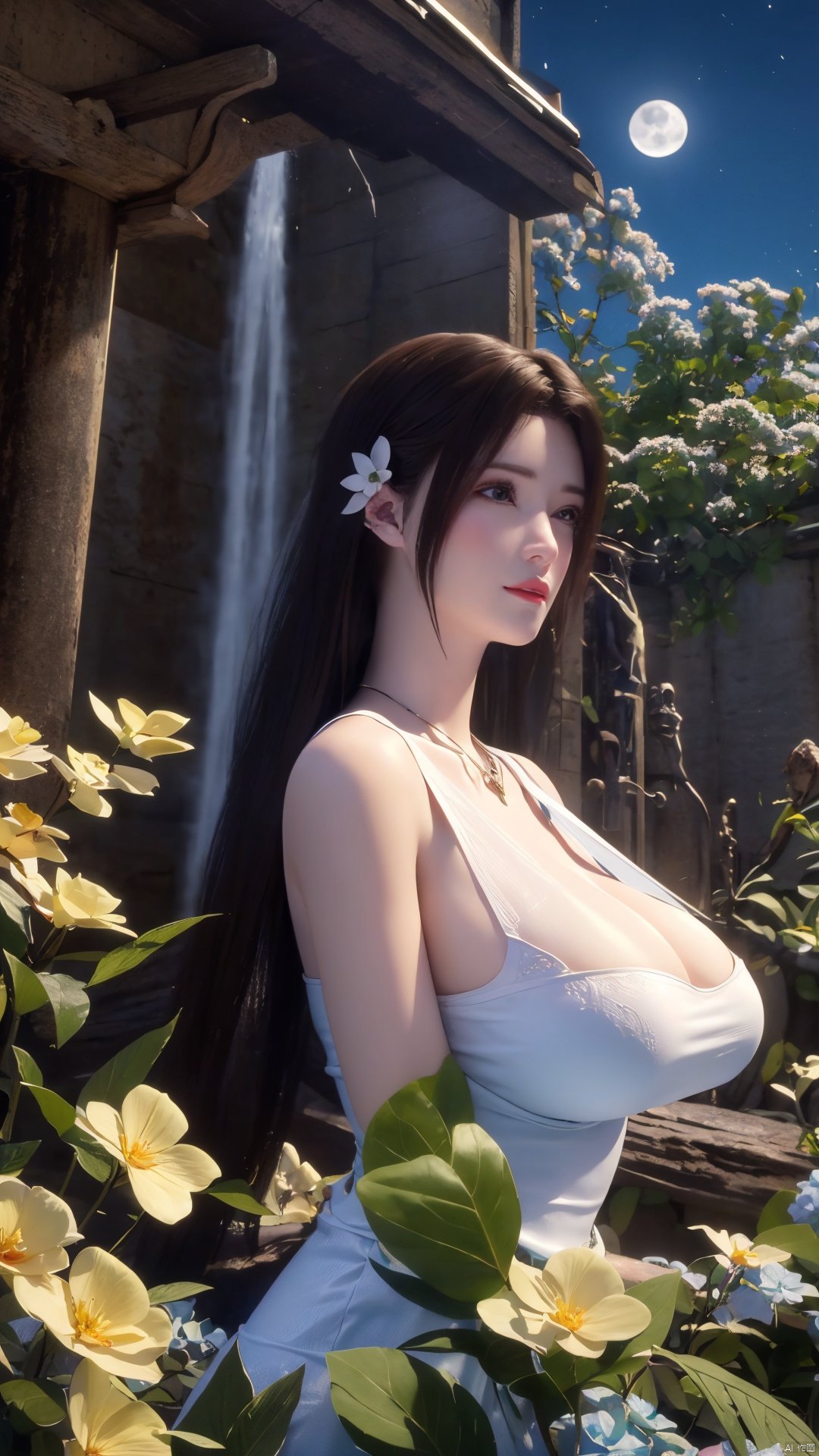 masterpiece,best quality,official art,extremely detailed CG unity 8k wallpaper,1girl, upper body, light rays, light particles, waterfall, tree, clover,,(big breasts:1.39),  ,Xfengqinger,Xxiyouqin,Xliushen,X-Hydrangea,Hydrangea,(daytime,full moon:1.23),Xdie,X蝶