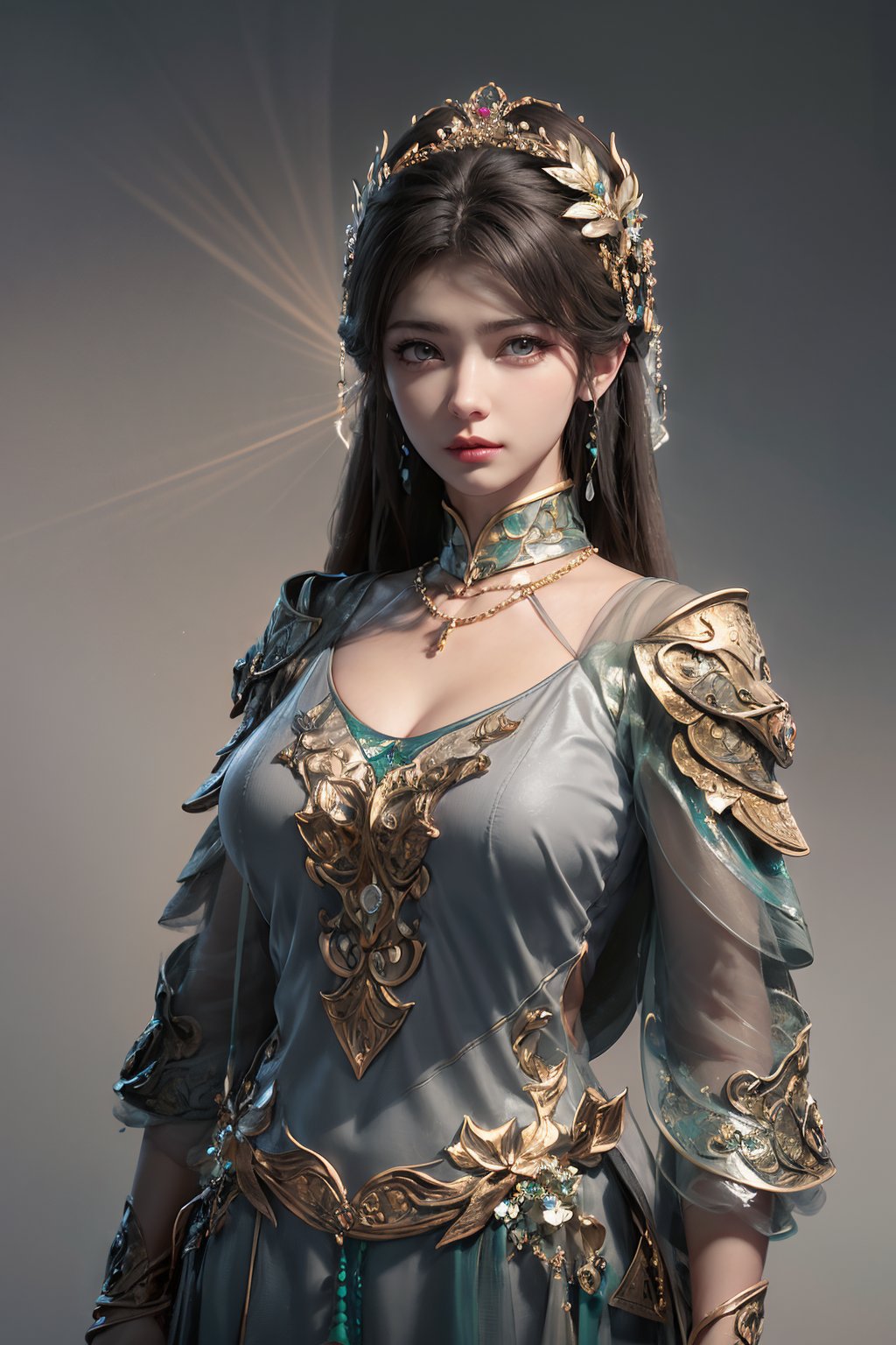 masterpiece,best quality,official art,extremely detailed CG unity 8k wallpaper,realistic,light rays,light particles,
,1girl,jewelry,solo,breasts,long_hair,hair_ornament,earrings,chinese clothes,
simple background,solid color background,(grey_background:1.2),shadow,
looking at viewer,cowboy shot,black clothes,