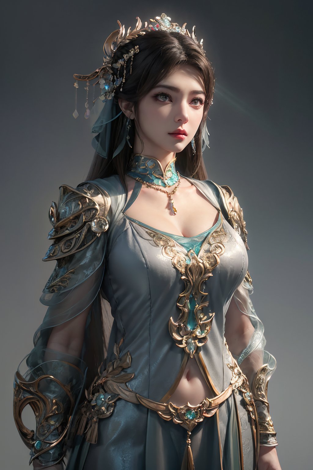 masterpiece,best quality,official art,extremely detailed CG unity 8k wallpaper,realistic,light rays,light particles,
,1girl,jewelry,solo,breasts,long_hair,hair_ornament,earrings,chinese clothes,
simple background,solid color background,(grey_background:1.2),shadow,
looking at viewer,cowboy shot,black clothes,