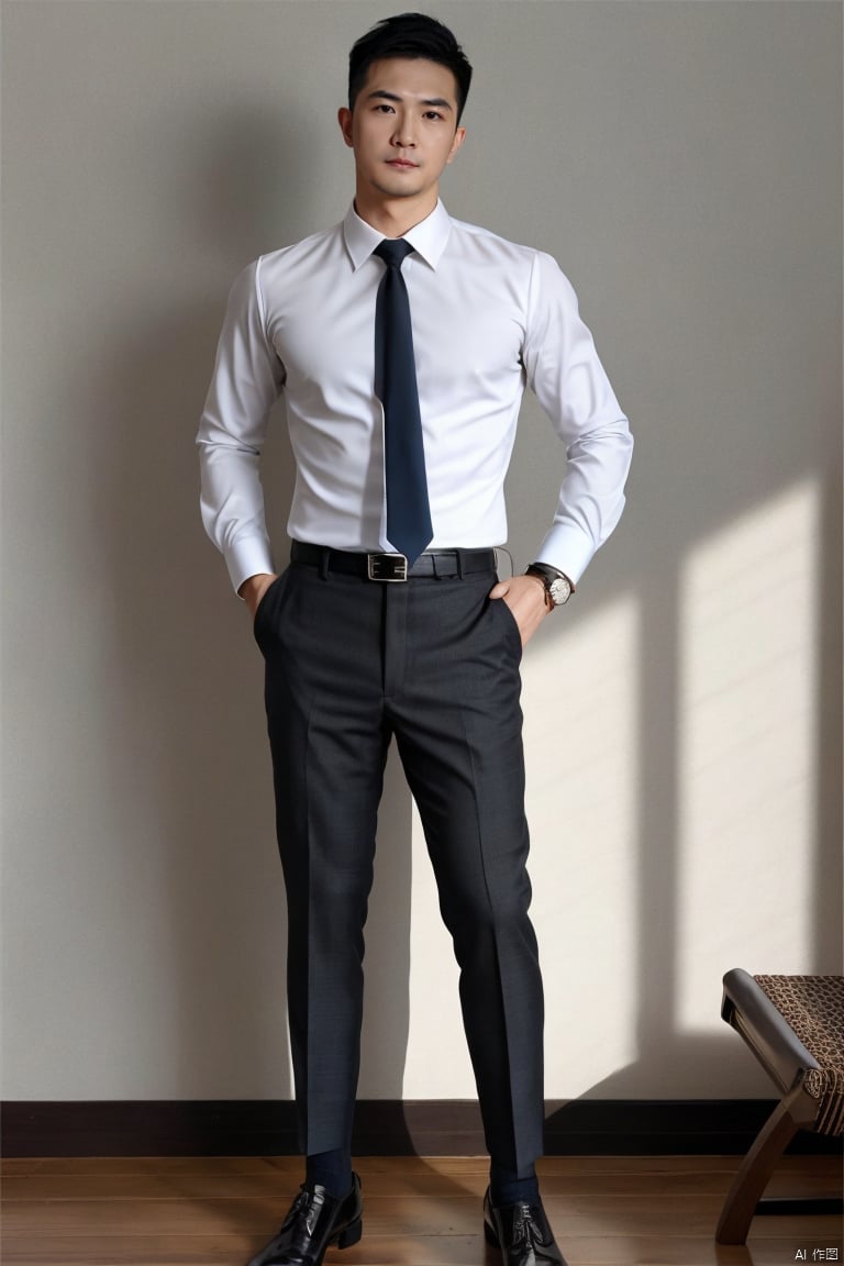 jzns,1man,asian,male focus,handsome,delicate face,muscular,shirt,necktie,armband,belt,watch,pants,black sheer socks,no footwearmasterpiece,realistic,best quality,highly detailed,ant,