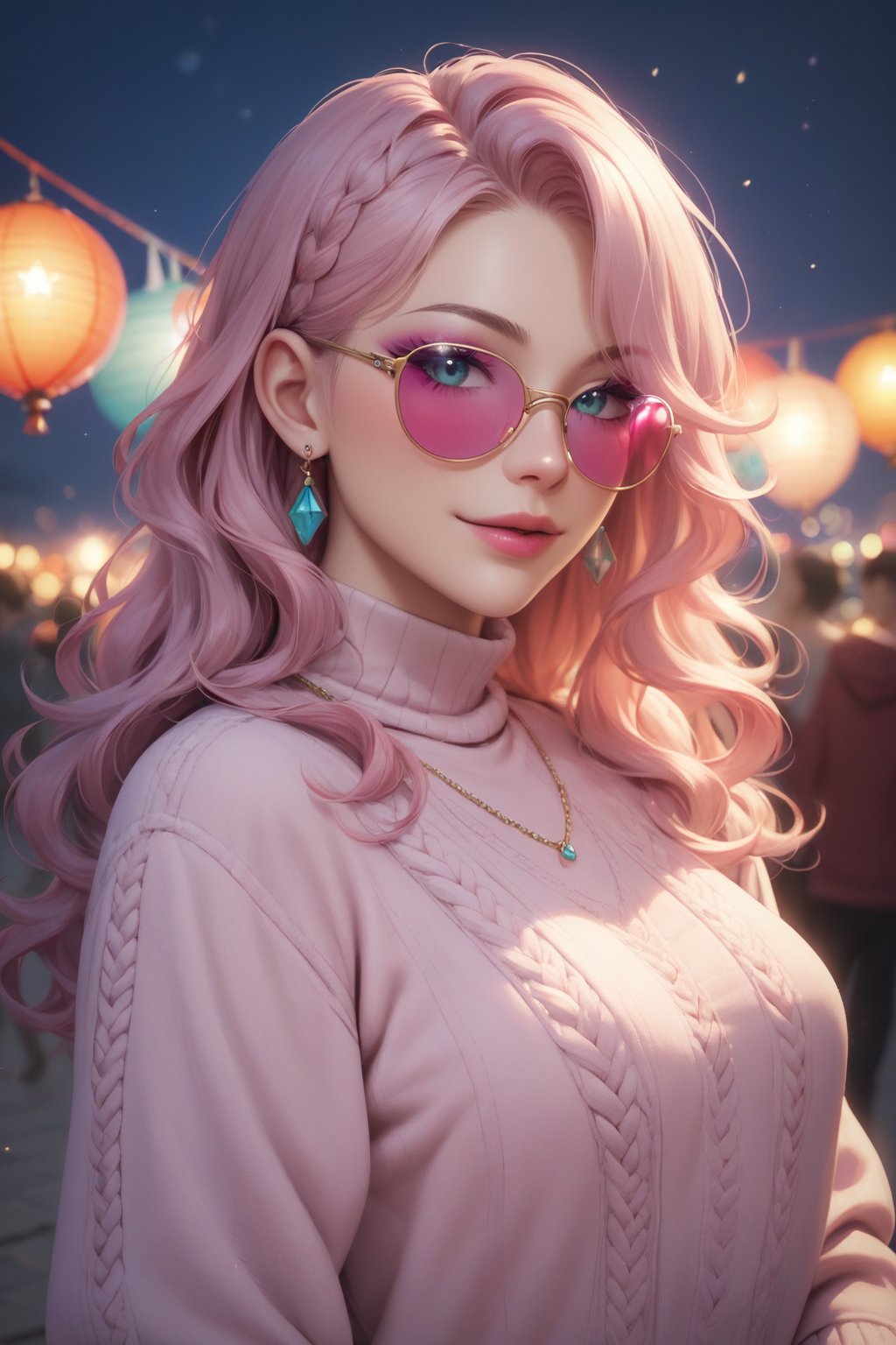 score_9, score_8_up, score_7_up, 35mm photography, highly detailed, sharp focus, portrait of a beautiful girl with long wavy hair, bangs, at a carnival at night, wearing a sweater and pink sunglasses, cyan and magenta colors