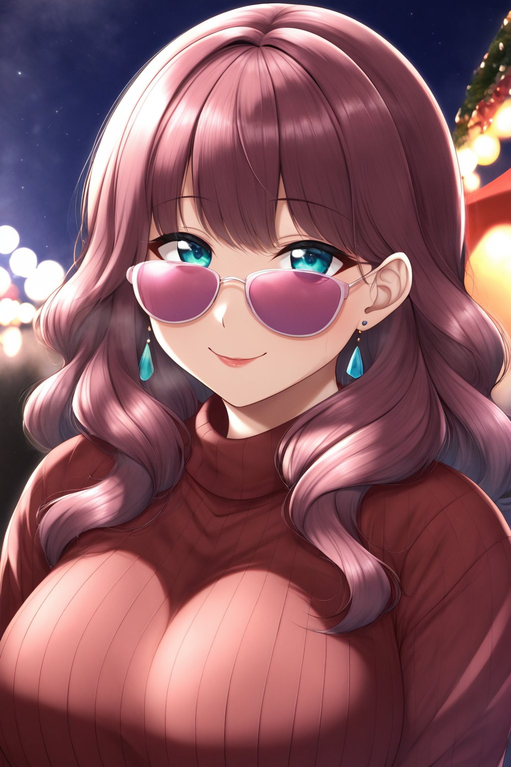 zPDXL2, zPDXLpg, zPDXLrl, portrait of a beautiful girl with long wavy hair, bangs, at a carnival at night, wearing a sweater and pink sunglasses, cyan and magenta colors