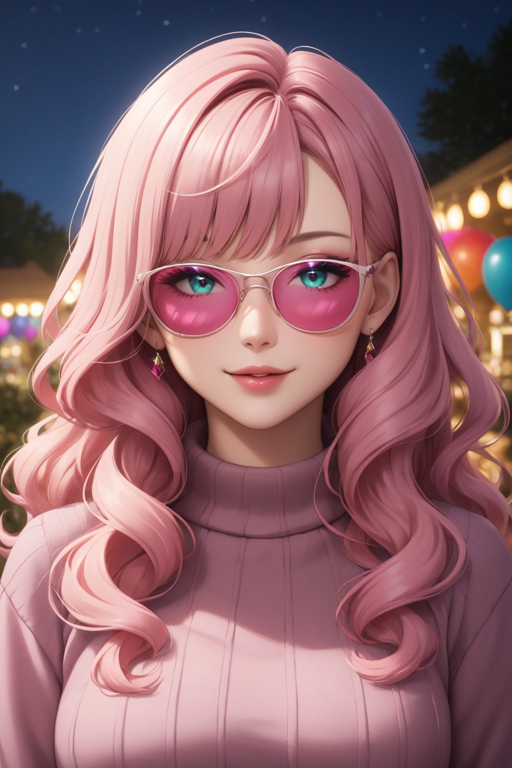 portrait of a beautiful girl with long wavy hair, bangs, at a carnival at night, wearing a sweater and pink sunglasses, cyan and magenta colors