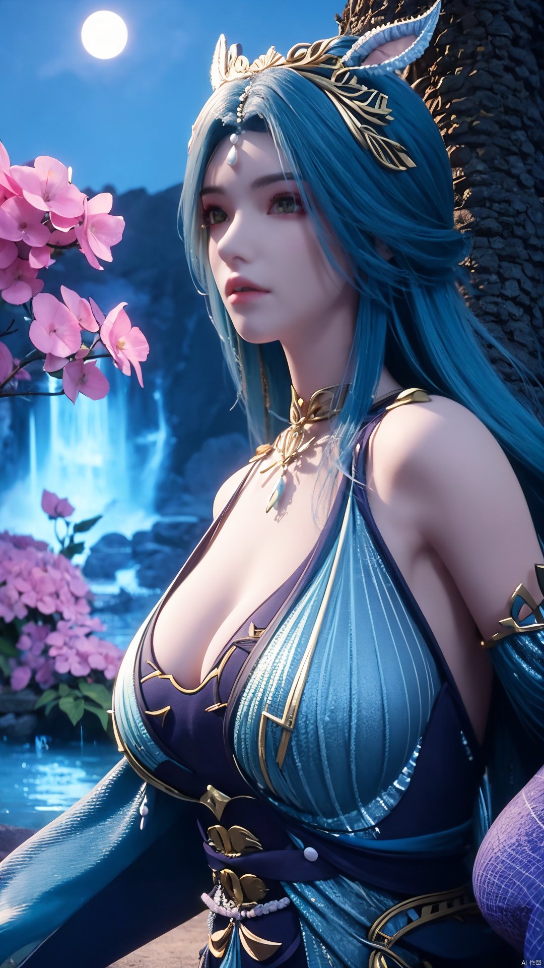 （masterpiece,best quality,official art),1girl, upper body, cyan hair, light rays, light particles, waterfall, tree,,(big breasts:1.39),Xfengqinger,Xxiyouqin,Xliushen,X-Hydrangea,Hydrangea,daytime,full moon,Xlongnv,veil, Yunxiao_Fairy