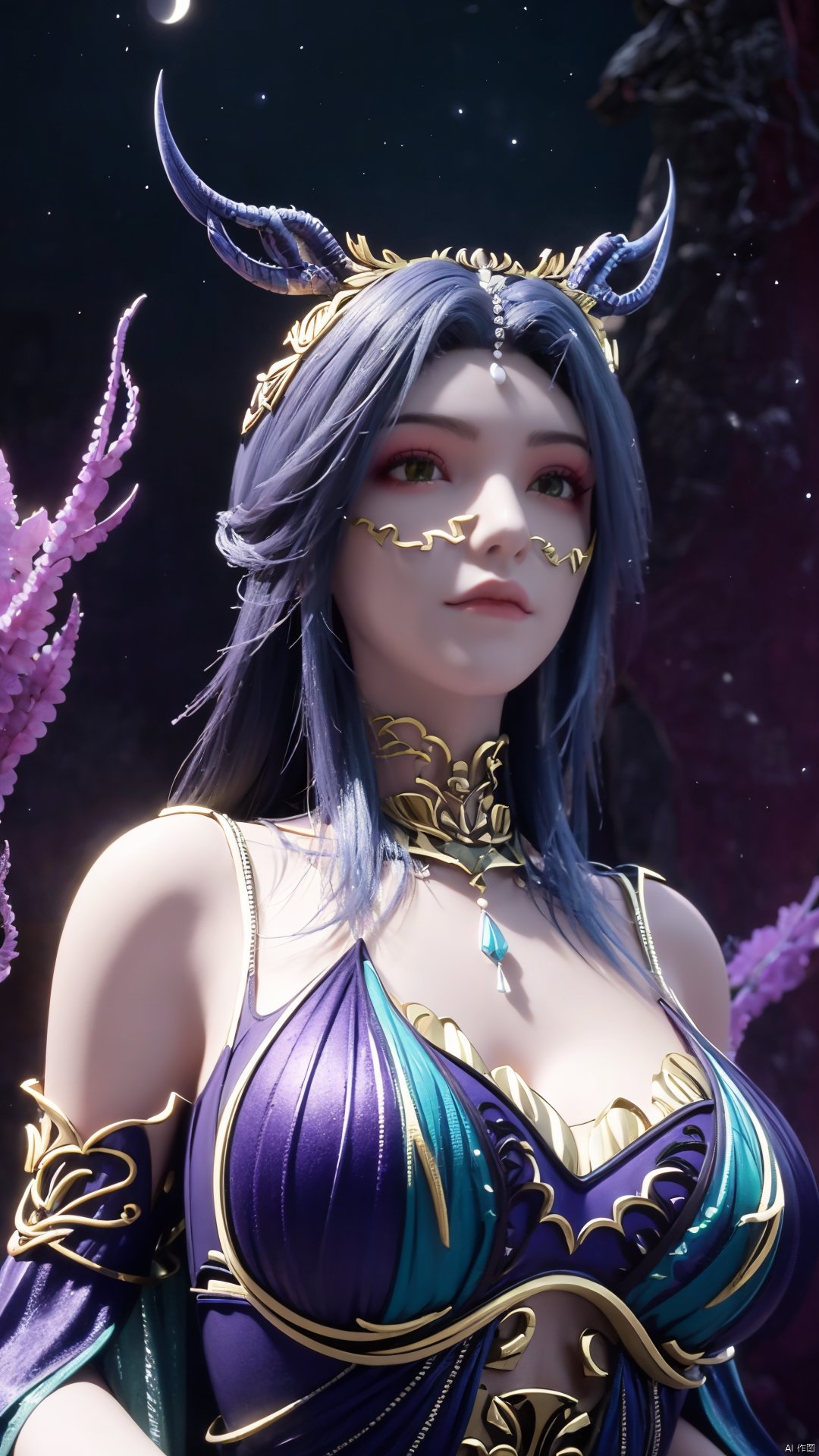 （masterpiece,best quality,official art）,extremely detailed CG unity 8k wallpaper,1girl, upper body, purple hair, light rays, light particles, waterfall, tree, clover,,(big breasts:1.39),  ,Xfengqinger,Xxiyouqin,Xliushen,X-Hydrangea,Hydrangea,full moon,Xlongnv