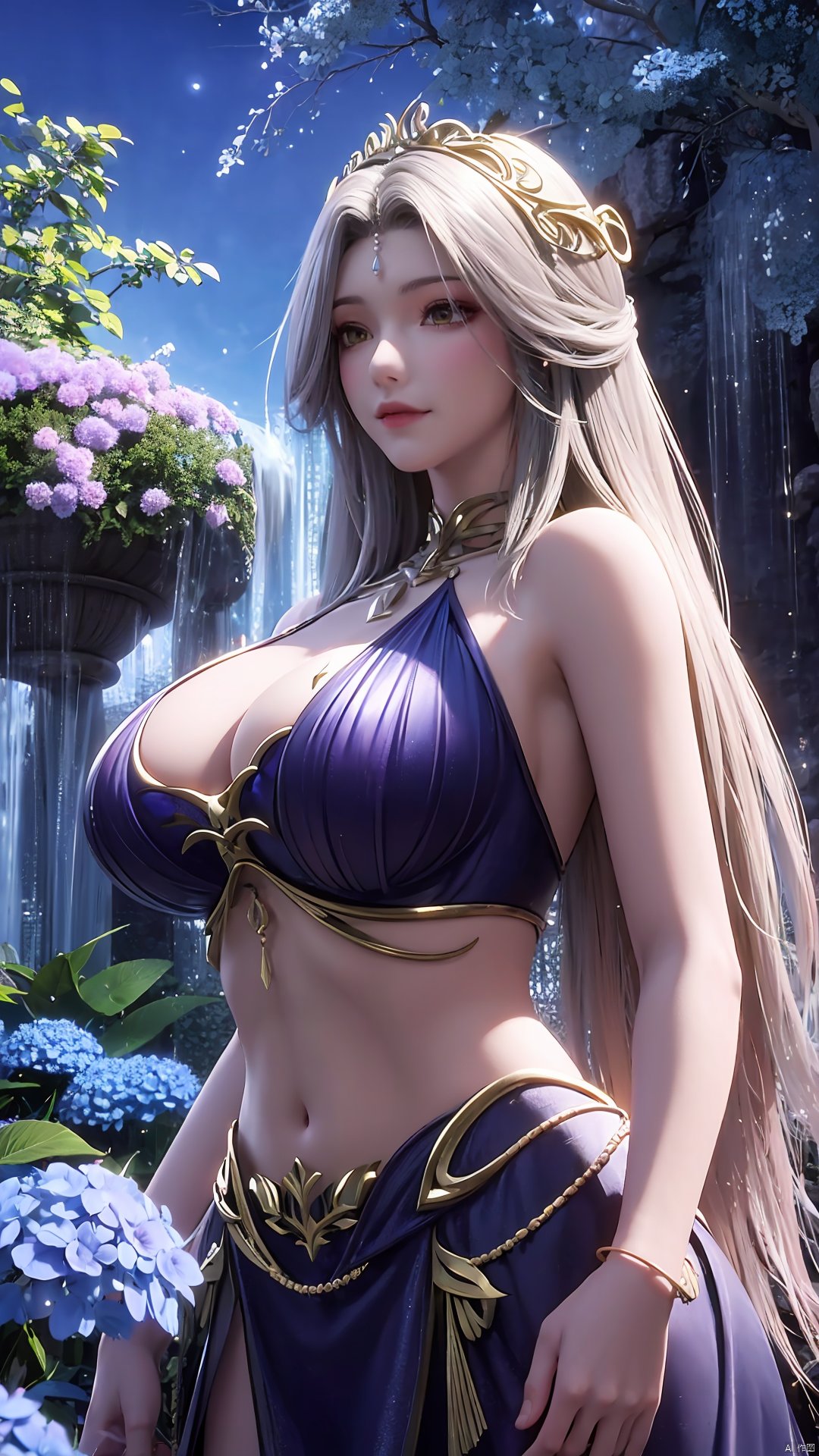 （masterpiece,best quality,official art),1girl, waterfall, tree,,(big breasts:1.29),Hydrangea,daytime,full moon,Xlongnv,veil,