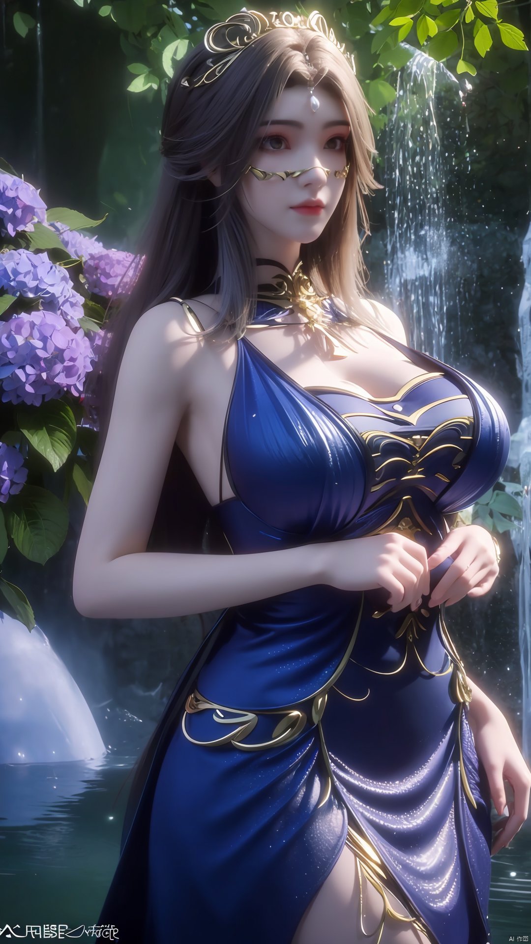 （masterpiece,best quality,official art),1girl, waterfall, tree,,(big breasts:1.29),Hydrangea,daytime,full moon,Xlongnv,veil,