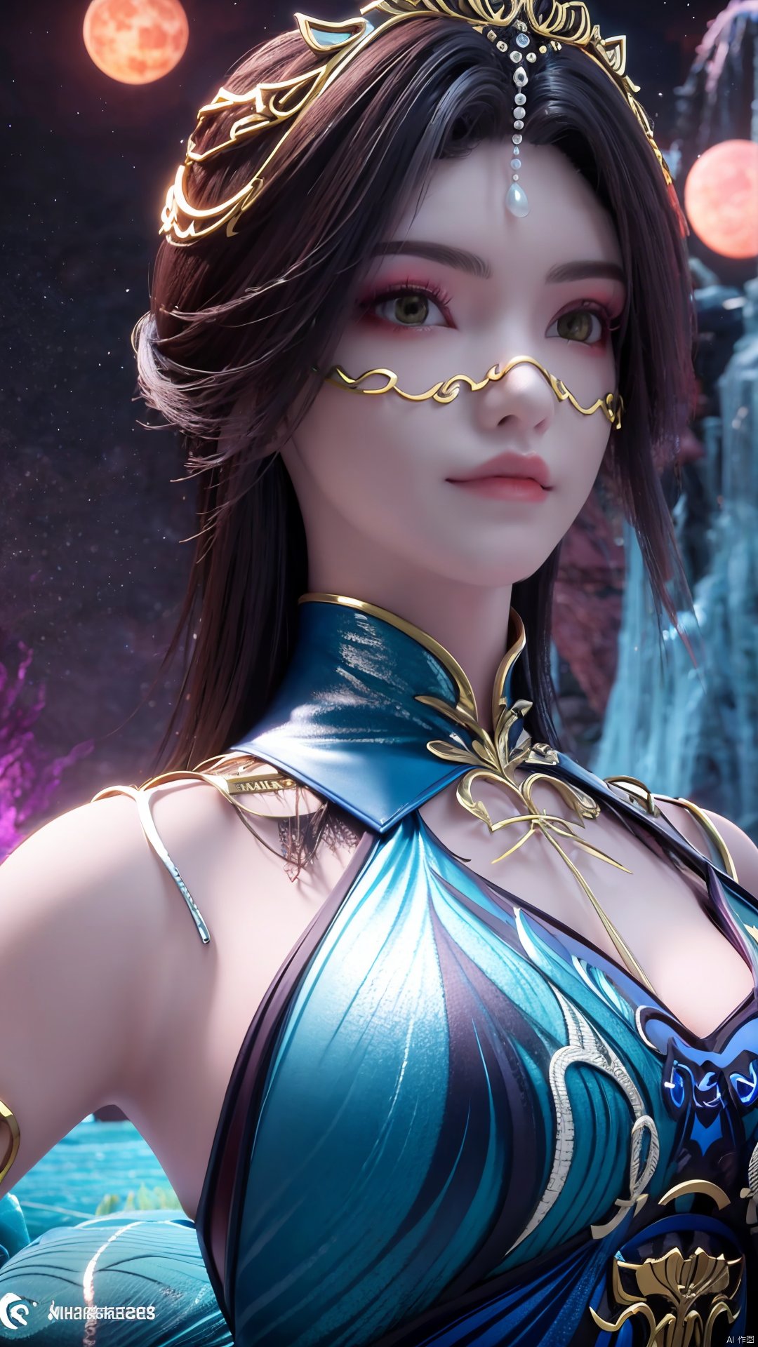 （masterpiece,best quality,official art）,extremely detailed CG unity 8k wallpaper,1girl, upper body, cyan hair, light rays, light particles, waterfall, tree, clover,,(big breasts:1.39),  ,Xfengqinger,Xxiyouqin,Xliushen,X-Hydrangea,Hydrangea,full moon,Xlongnv,Xyunxi