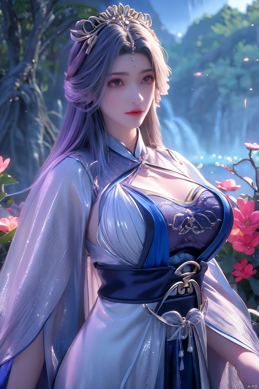 masterpiece,best quality,official art,extremely detailed CG unity 8k wallpaper,1girl, upper body, purple hair, light rays, light particles, waterfall, tree, clover,,(big breasts:1.59),  ,song_hanfu, New Chinese_Hanfu, traditional chinese ink painting, hanfu,ultra-detailed, Xlongnv,black and white ink painting