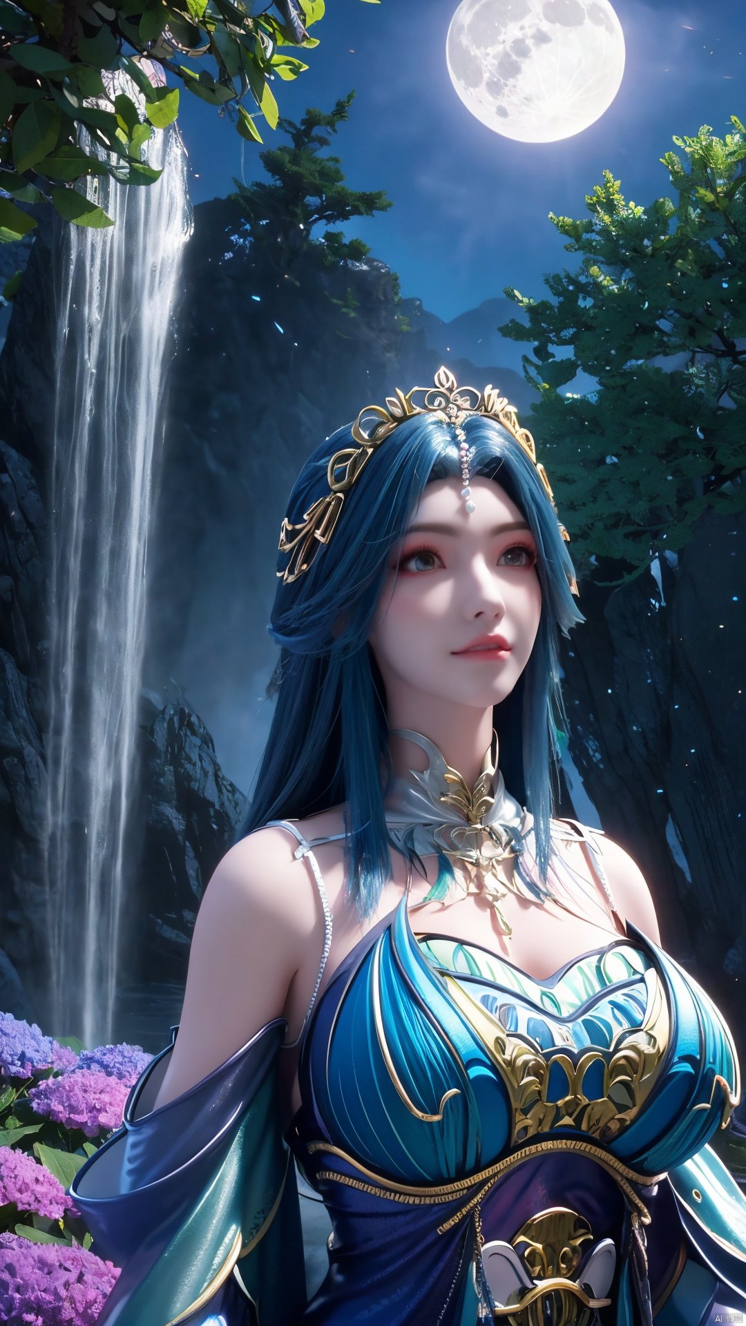 （masterpiece,best quality,official art）,extremely detailed CG unity 8k wallpaper,1girl, upper body, cyan hair, light rays, light particles, waterfall, tree, clover,,(big breasts:1.39),  ,Xfengqinger,Xxiyouqin,Xliushen,X-Hydrangea,Hydrangea,full moon,Xlongnv,Xyunxi