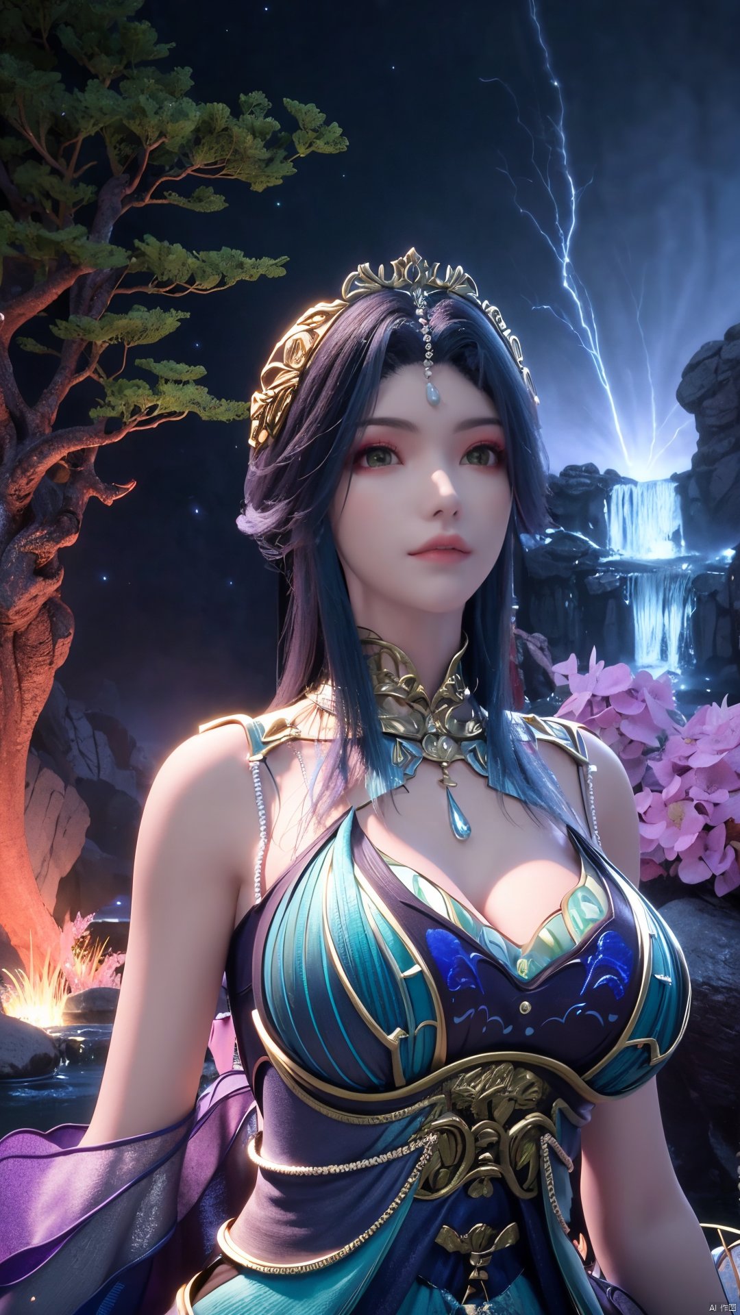 （masterpiece,best quality,official art）,extremely detailed CG unity 8k wallpaper,1girl, upper body, cyan hair, light rays, light particles, waterfall, tree, clover,,(big breasts:1.39),  ,Xfengqinger,Xxiyouqin,Xliushen,X-Hydrangea,Hydrangea,full moon,Xlongnv,Xyunxi