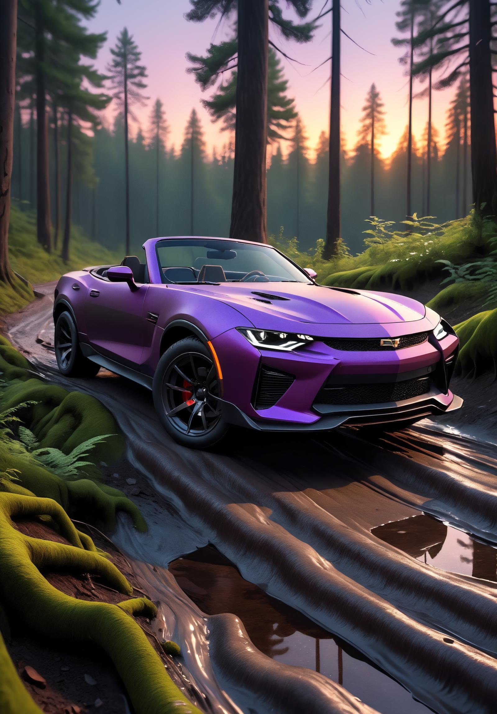 (medium full shot) of A convertible with purple paint,  sleek aerodynamic design,  sports suspension by Light_x02 on Tenso...