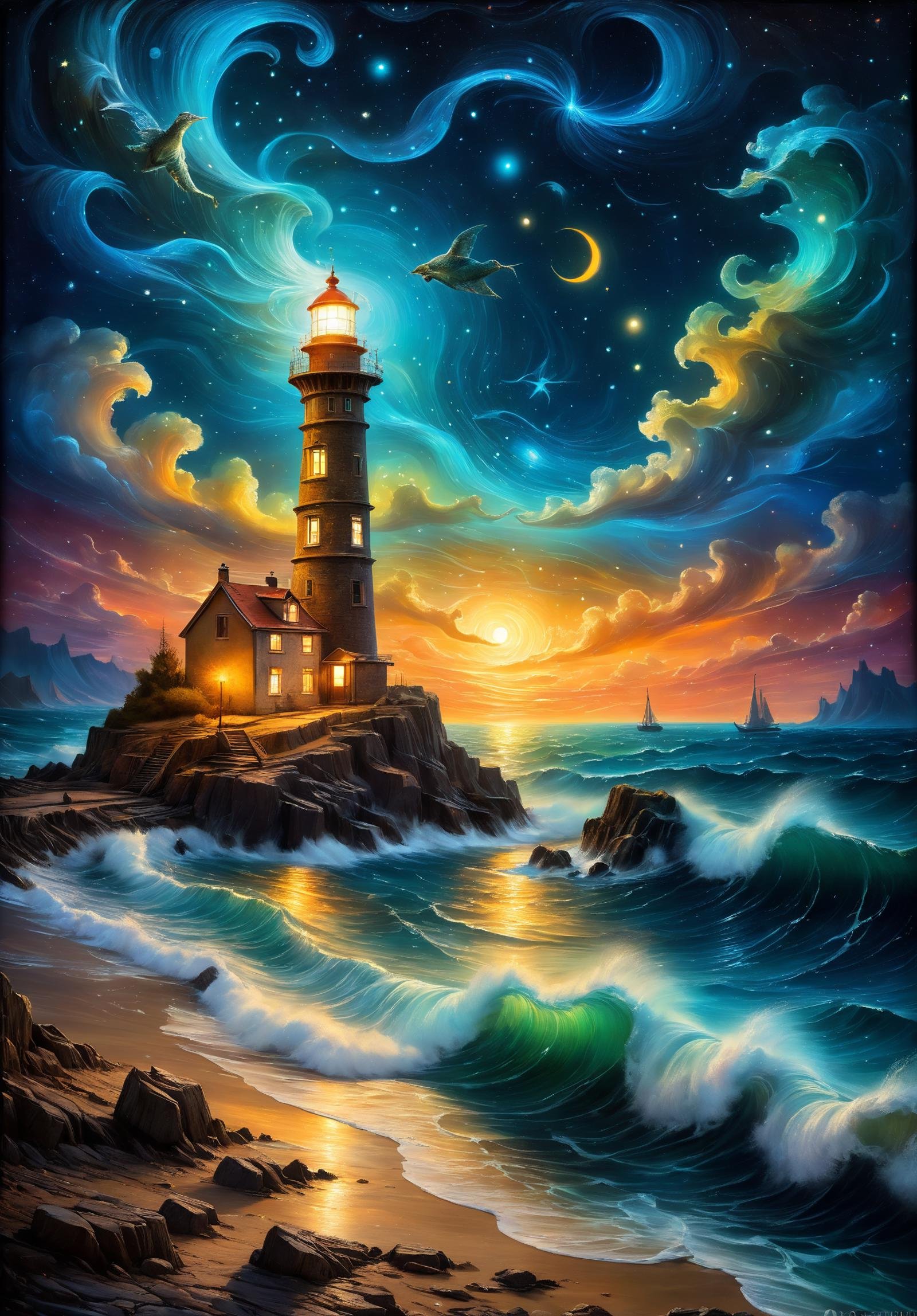 a nocturnal seascape with a lighthouse illuminating a starry sky where constellations come to life as mythical animals,  ,...