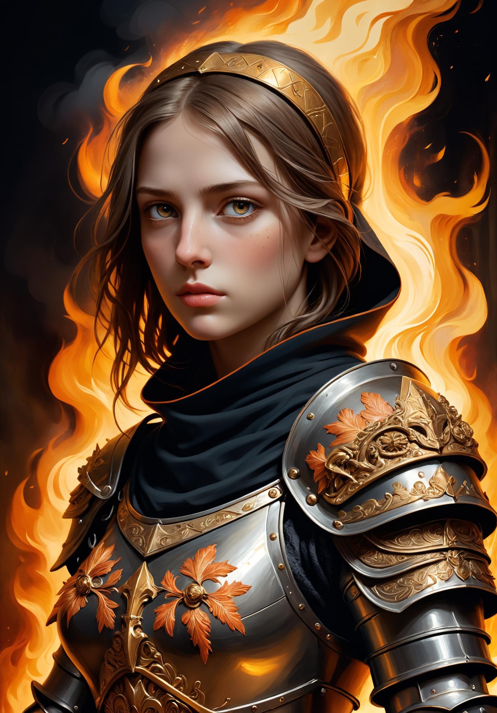 oan of Arc: The portrait features a young woman reminiscent of Joan of Arc,  a historical figure from the 15th century ren...