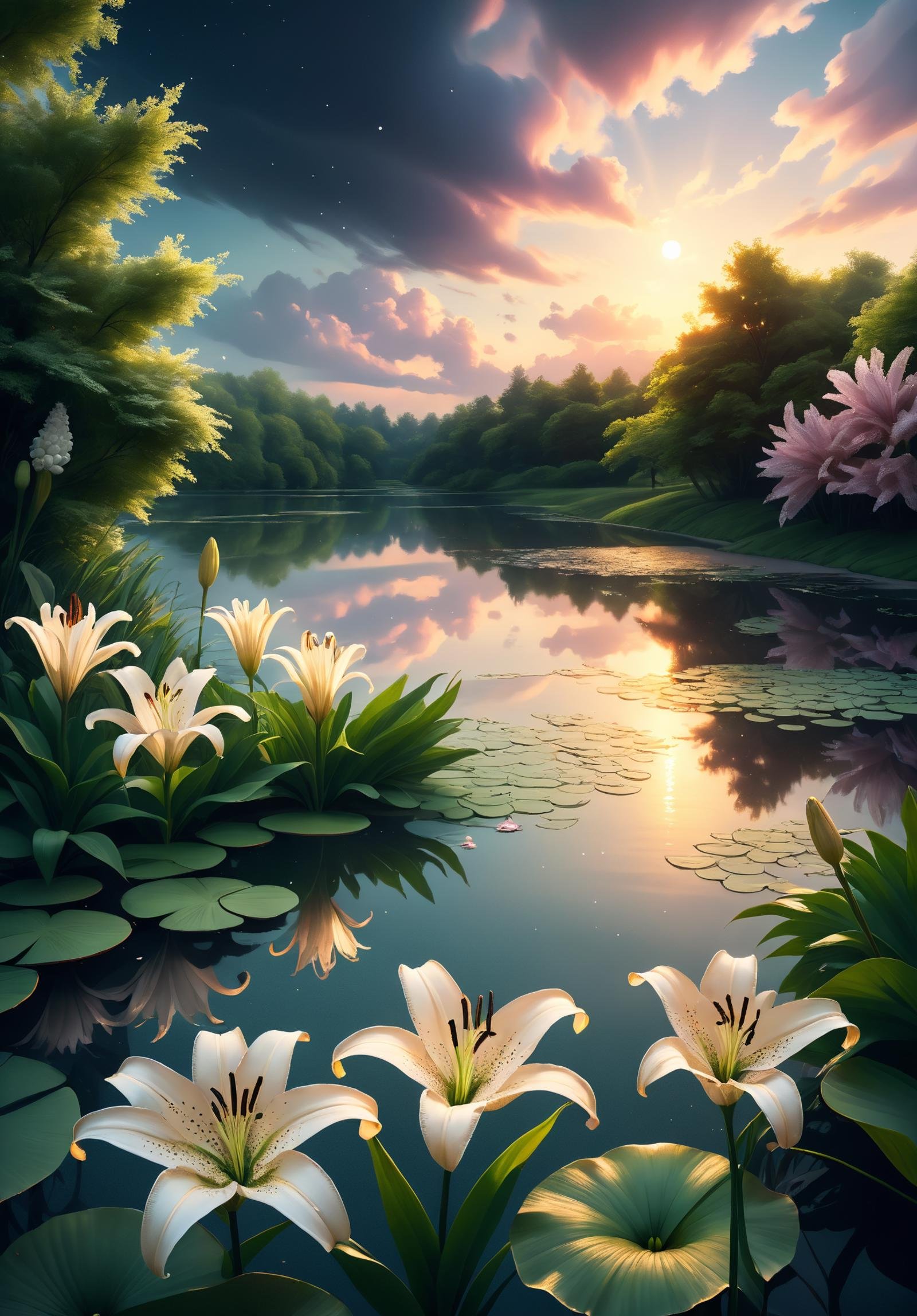 detailed background,  ( Calm spring night landscape),  amongst lush greenery by Light_x02 on Tensor.Art