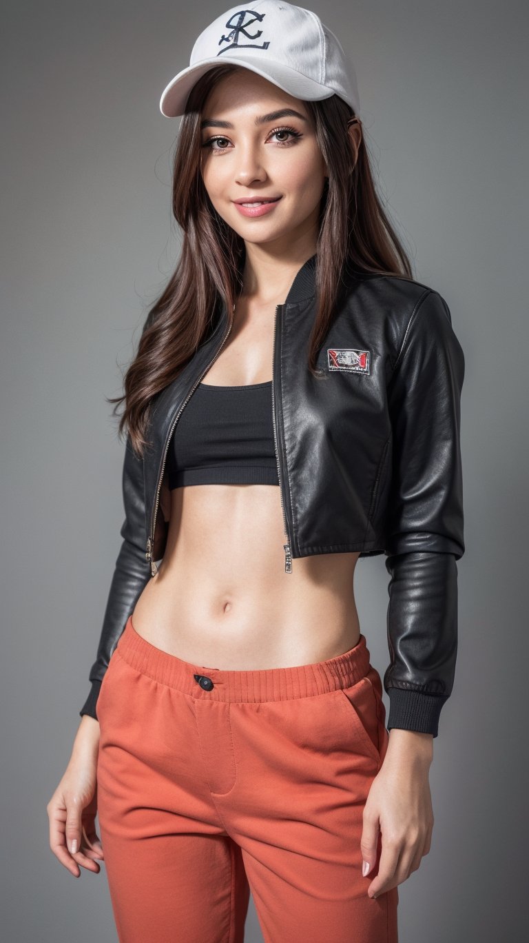 4k,best quality,masterpiece,20yo 1girl,(cropped jacket),(demin pant), alluring smile,baseball cap,

(Beautiful and detailed eyes),
Detailed face, detailed eyes, double eyelids ,thin face, real hands, muscular fit body, semi visible abs, ((short hair with long locks:1.2)), black hair, black background,


real person, color splash style photo,
