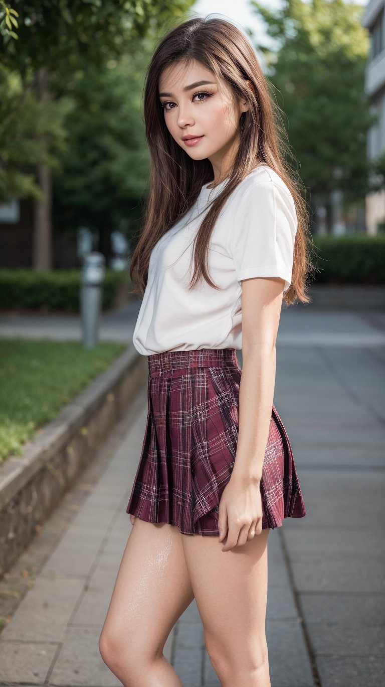 (((masterpiece))), (((best quality))), Best picture quality, high resolution, 8k, realistic, sharp focus, realistic image of elegant lady, Korean beauty, supermodel, girl, standing, wearing short-sleeved school uniform, dark-colored skirt, pleated skirt with tartan pattern, bubble socks, student shoes, light brown hair, long hair, green eyes, side-swept bangs, sideburns, phone, (wet body:1.0), sunlight, sweat, a dog, helf body, shoes removed, Head tilt, untucked, Profile, (high quality:1.0), (white background:0.8), detailed face, (blush:1.0), 1 girl, Young beauty spirit, ZGirl, perfect light, Detailedface, 1 girl, big eyes, eye shadow, SharpEyess, perfecteyes eyes , Smirk,Detailedface, perfect light, ZGirl,dreaming_background, photo of perfecteyes eyes,